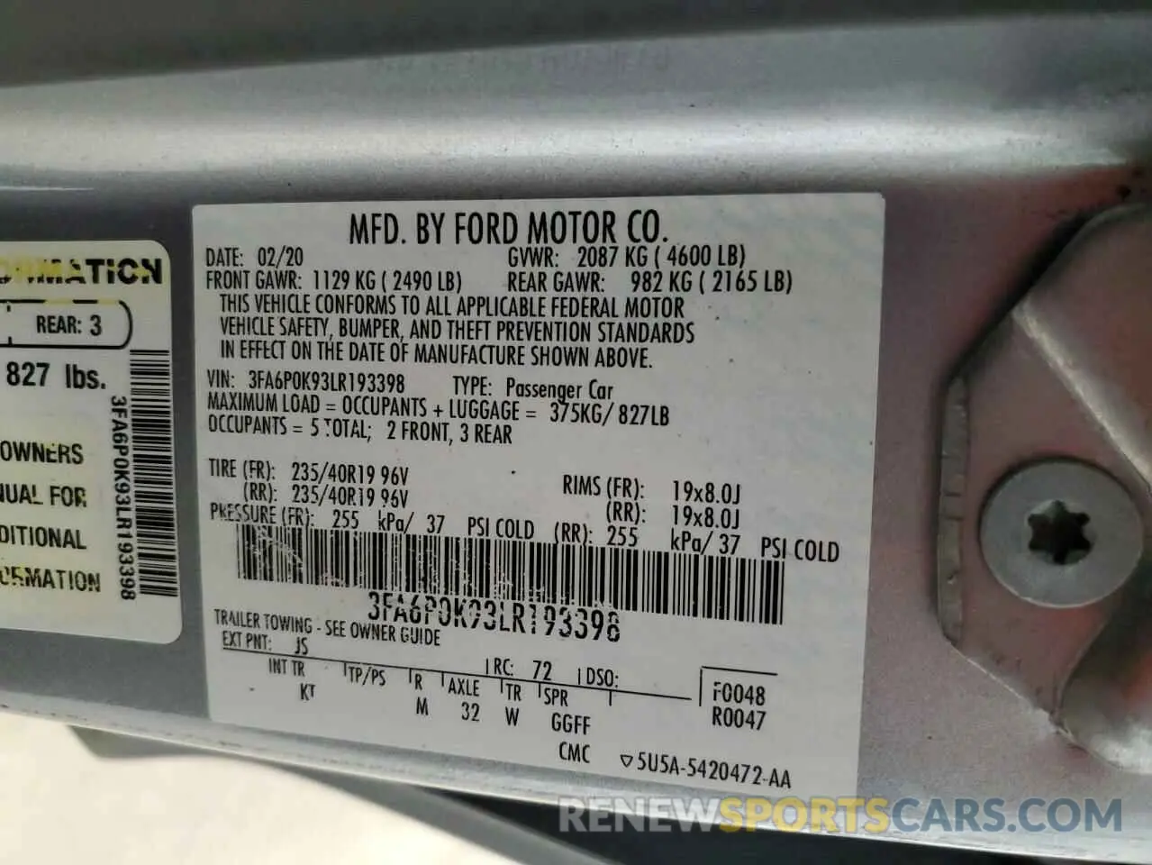 12 Photograph of a damaged car 3FA6P0K93LR193398 FORD FUSION 2020