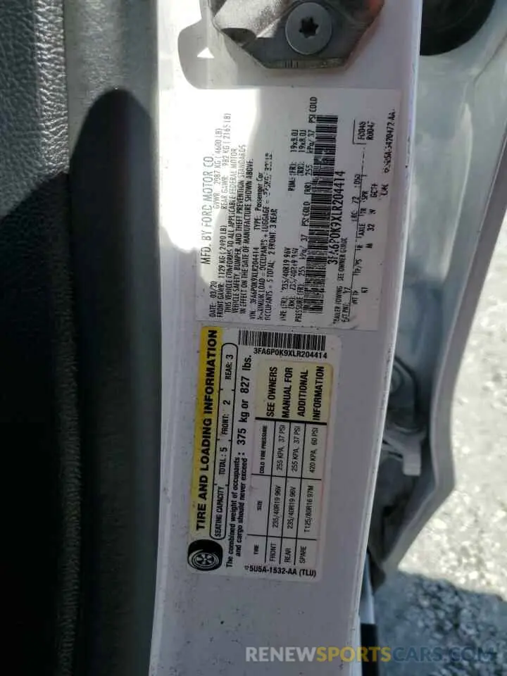 12 Photograph of a damaged car 3FA6P0K9XLR204414 FORD FUSION 2020
