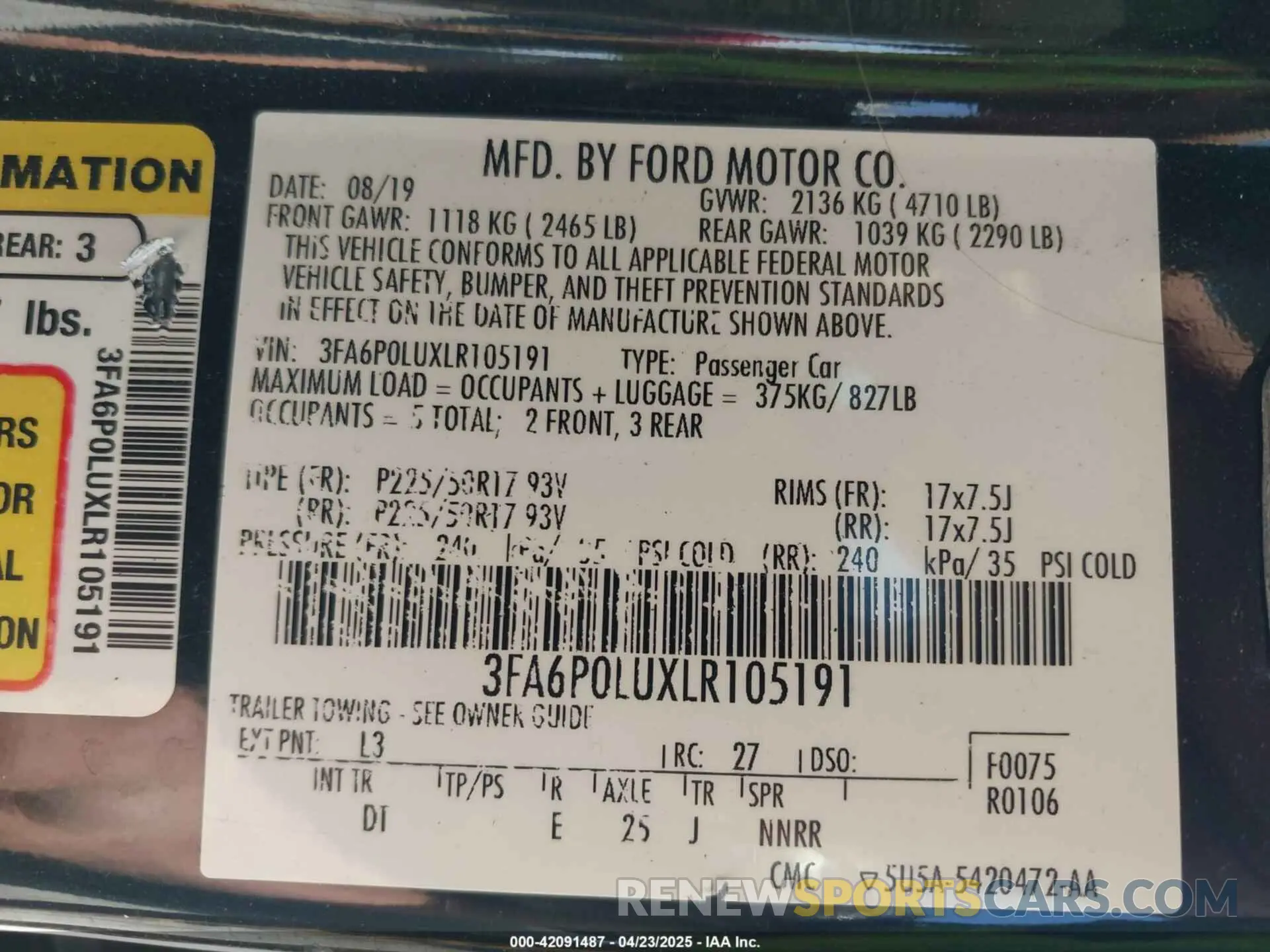 9 Photograph of a damaged car 3FA6P0LUXLR105191 FORD FUSION 2020