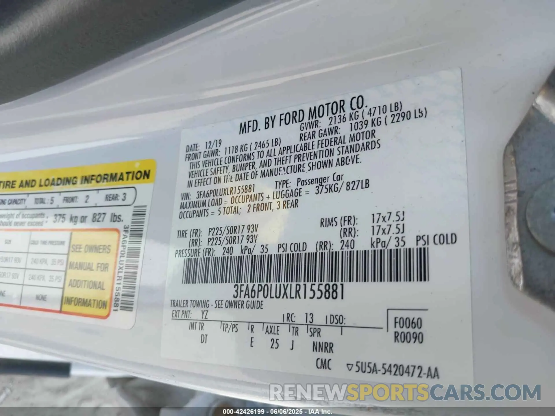 9 Photograph of a damaged car 3FA6P0LUXLR155881 FORD FUSION 2020