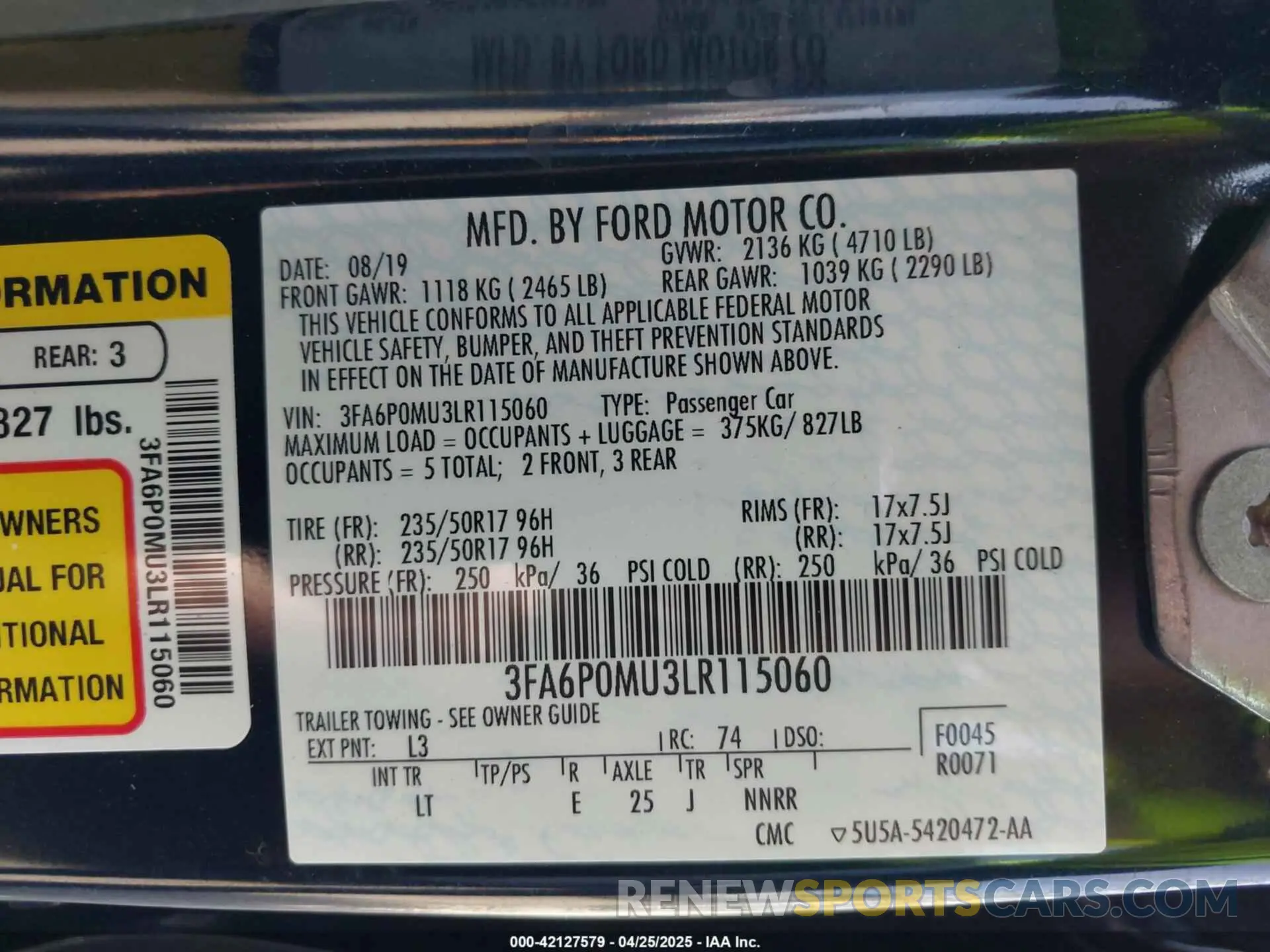 9 Photograph of a damaged car 3FA6P0MU3LR115060 FORD FUSION 2020
