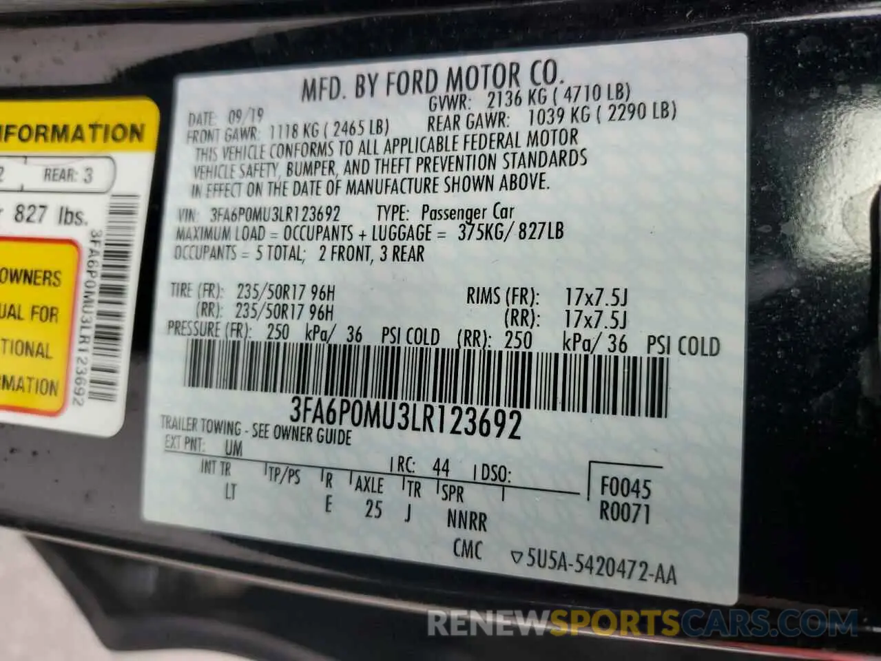 12 Photograph of a damaged car 3FA6P0MU3LR123692 FORD FUSION 2020