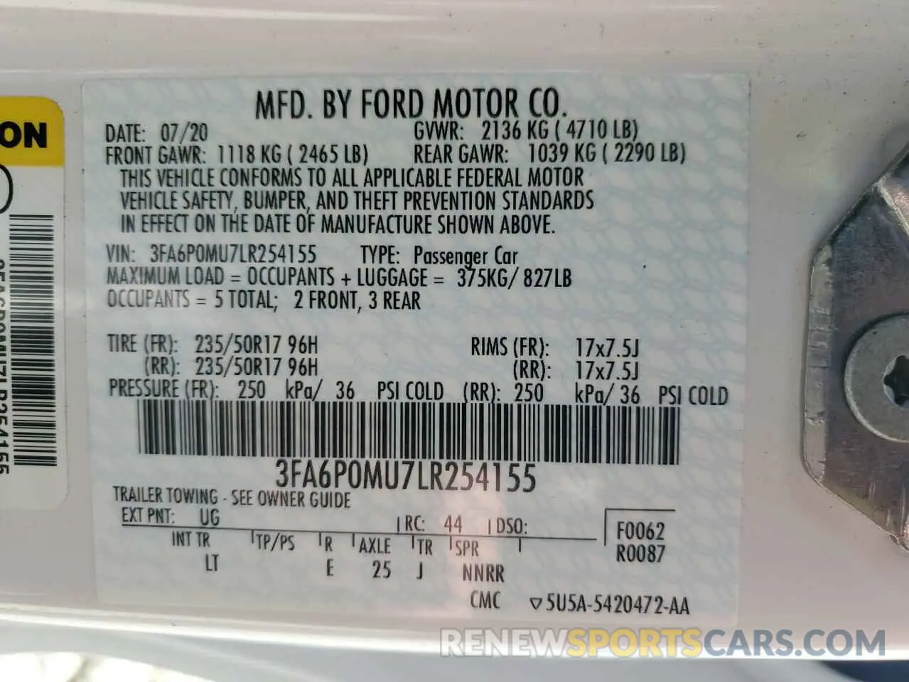 12 Photograph of a damaged car 3FA6P0MU7LR254155 FORD FUSION 2020