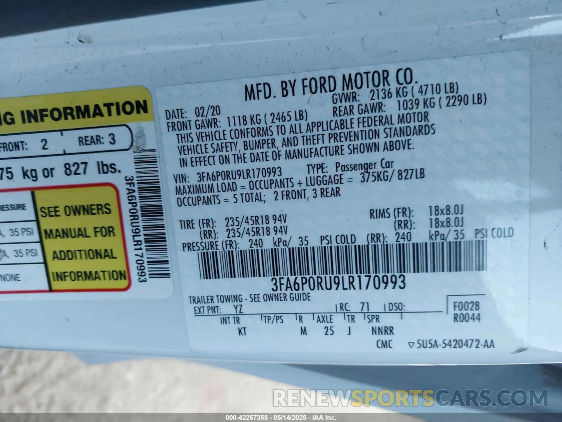 9 Photograph of a damaged car 3FA6P0RU9LR170993 FORD FUSION 2020