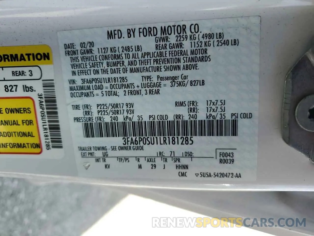 13 Photograph of a damaged car 3FA6P0SU1LR181285 FORD FUSION 2020