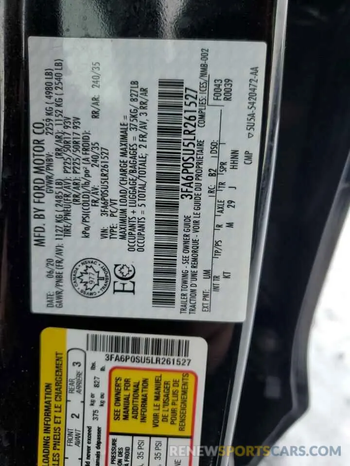 13 Photograph of a damaged car 3FA6P0SU5LR261527 FORD FUSION 2020