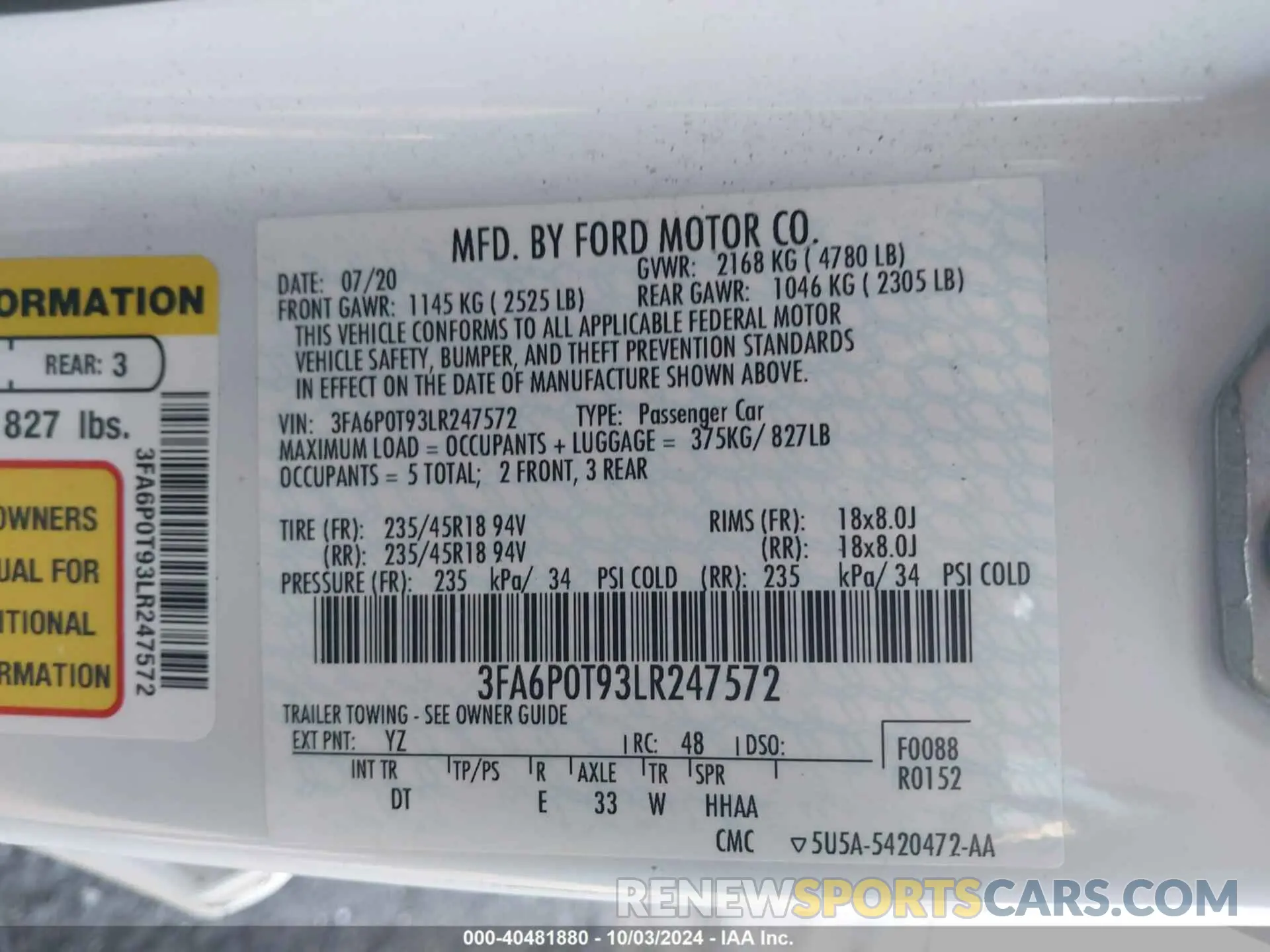 9 Photograph of a damaged car 3FA6P0T93LR247572 FORD FUSION 2020