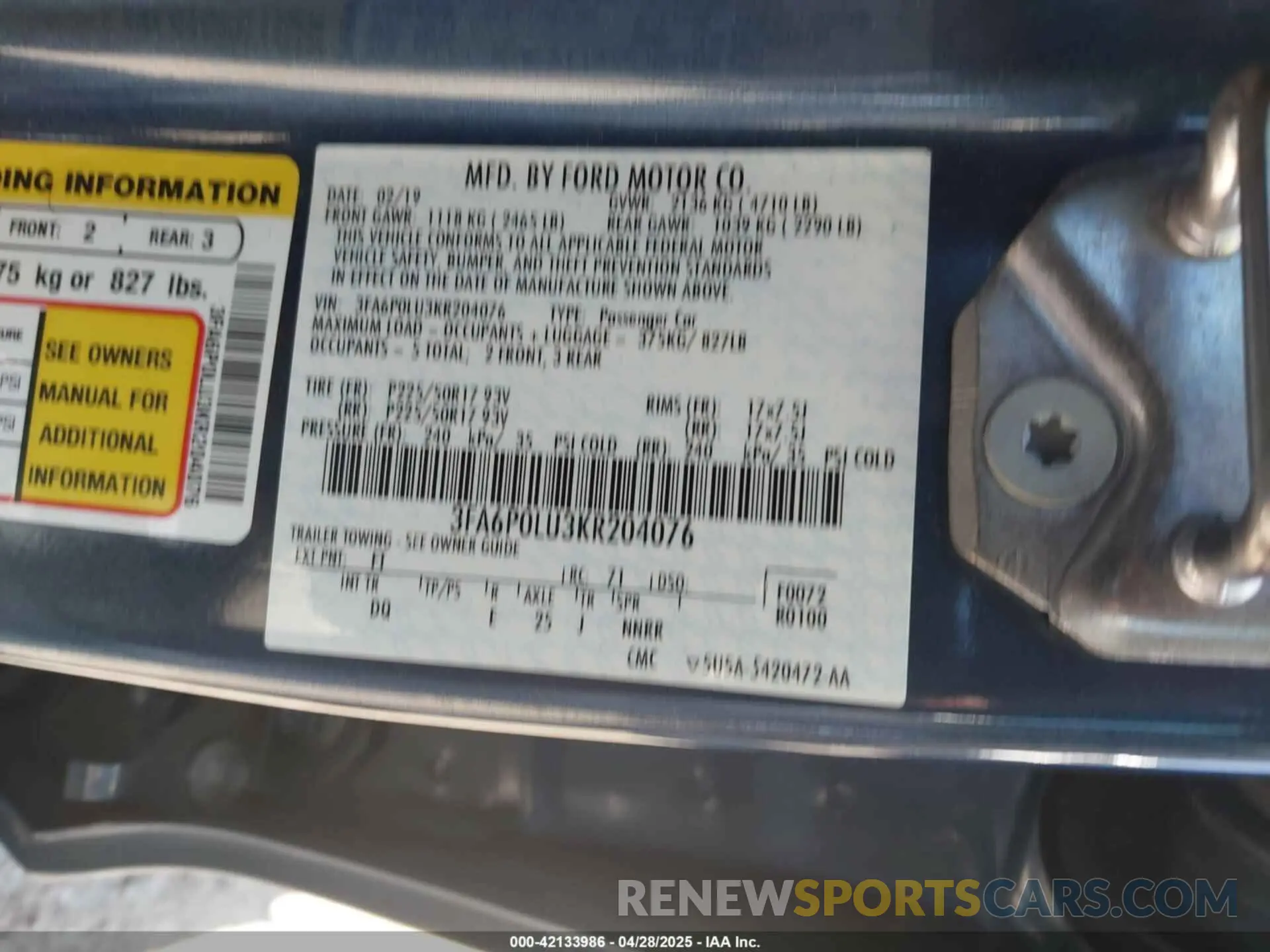 9 Photograph of a damaged car 3FA6P0LU3KR204076 FORD FUSION HYBRID 2019