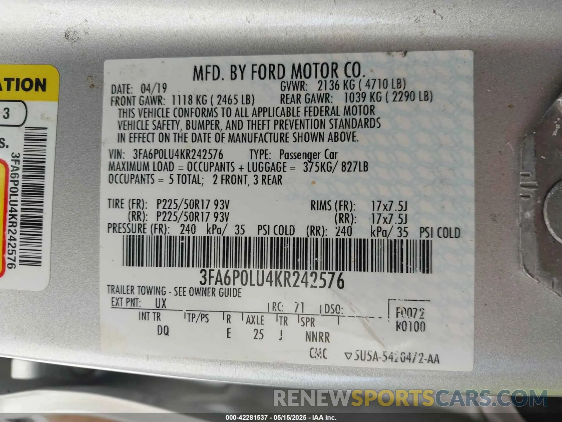 9 Photograph of a damaged car 3FA6P0LU4KR242576 FORD FUSION HYBRID 2019