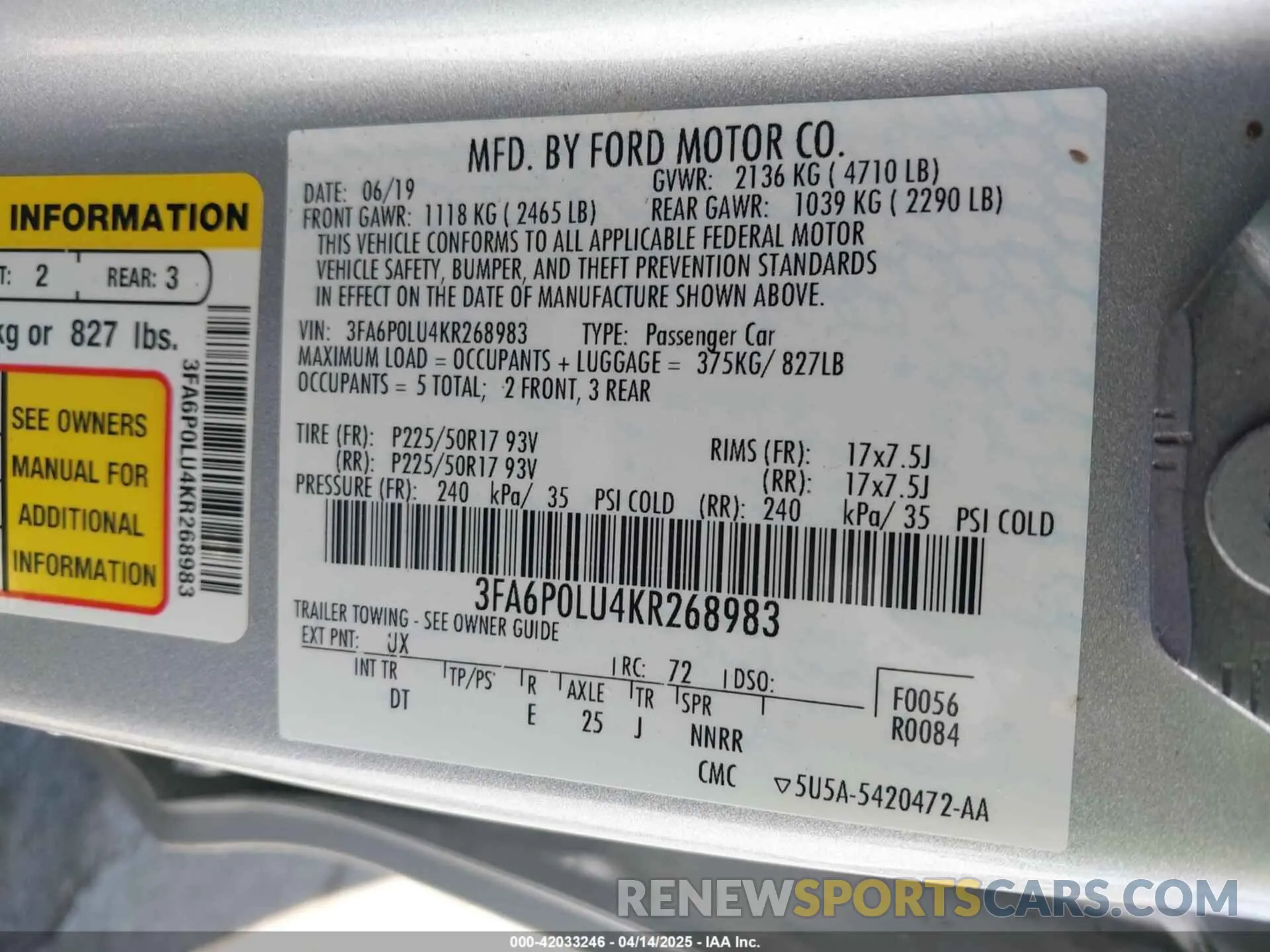9 Photograph of a damaged car 3FA6P0LU4KR268983 FORD FUSION HYBRID 2019