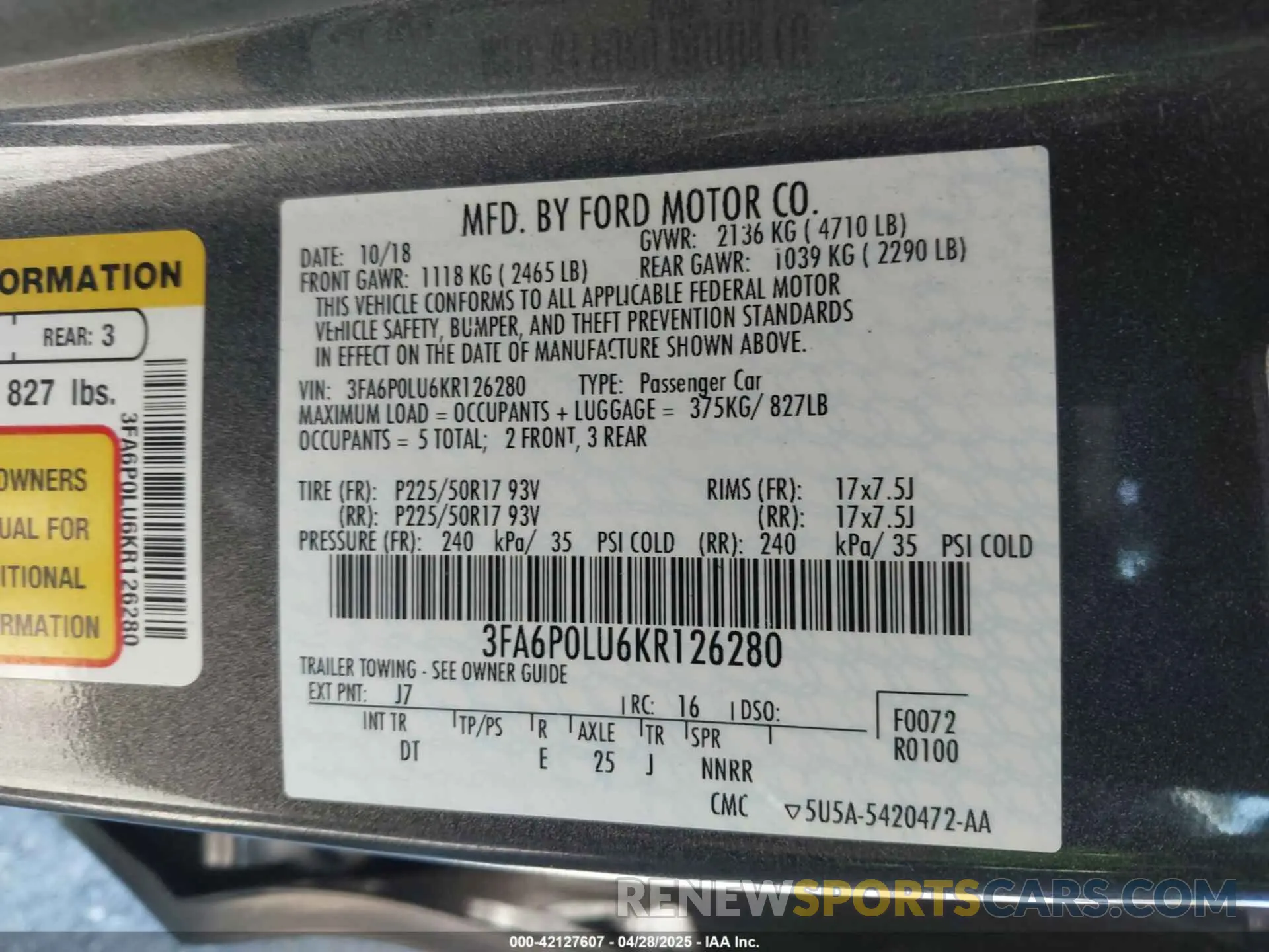 9 Photograph of a damaged car 3FA6P0LU6KR126280 FORD FUSION HYBRID 2019