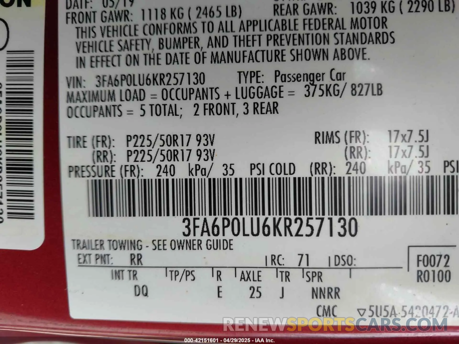 9 Photograph of a damaged car 3FA6P0LU6KR257130 FORD FUSION HYBRID 2019
