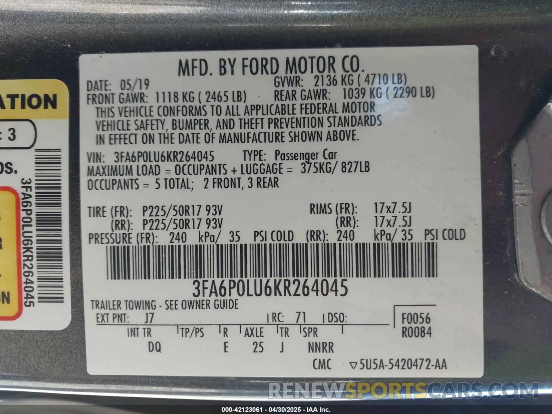 9 Photograph of a damaged car 3FA6P0LU6KR264045 FORD FUSION HYBRID 2019
