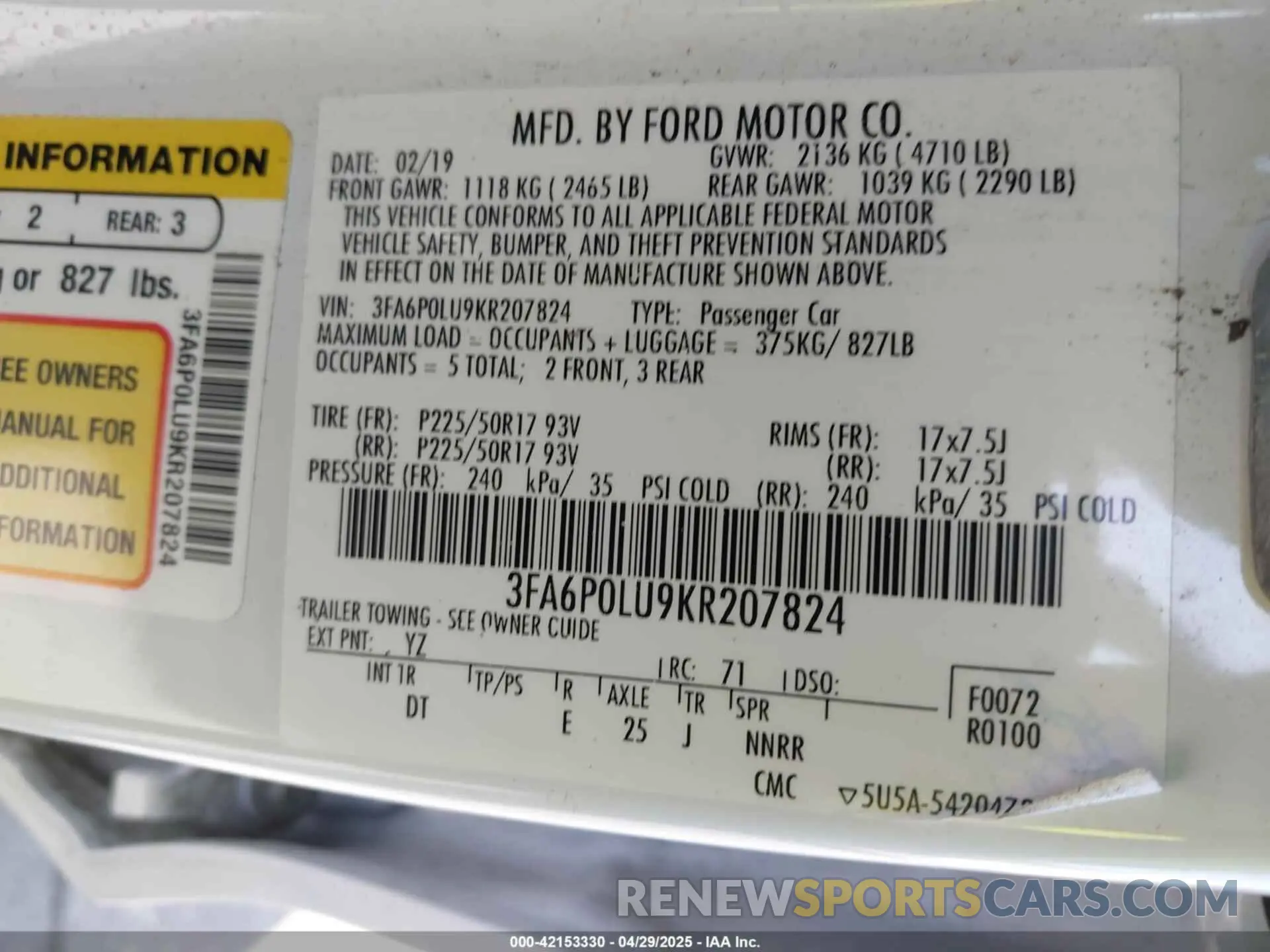 9 Photograph of a damaged car 3FA6P0LU9KR207824 FORD FUSION HYBRID 2019