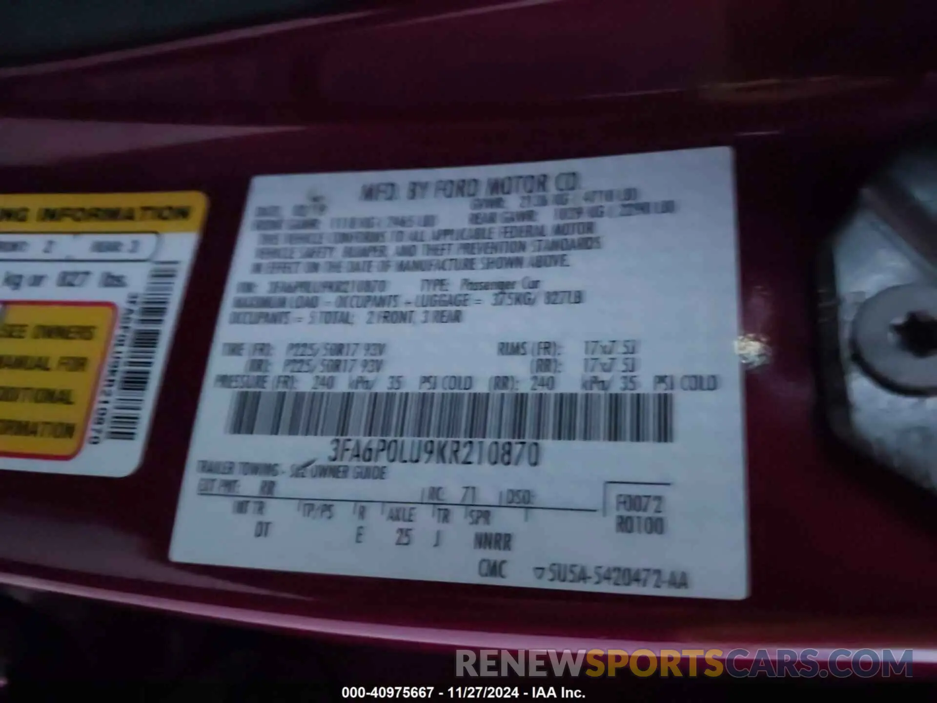 9 Photograph of a damaged car 3FA6P0LU9KR210870 FORD FUSION HYBRID 2019