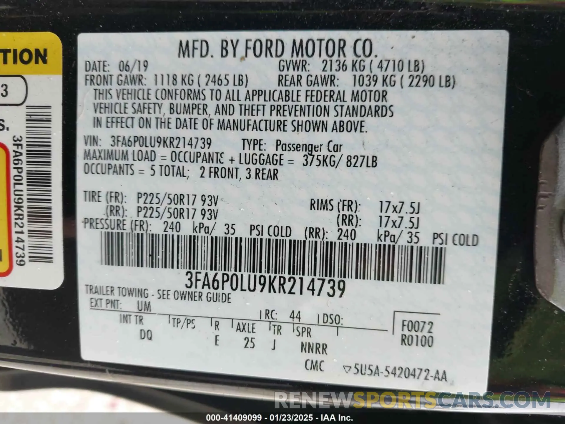 9 Photograph of a damaged car 3FA6P0LU9KR214739 FORD FUSION HYBRID 2019
