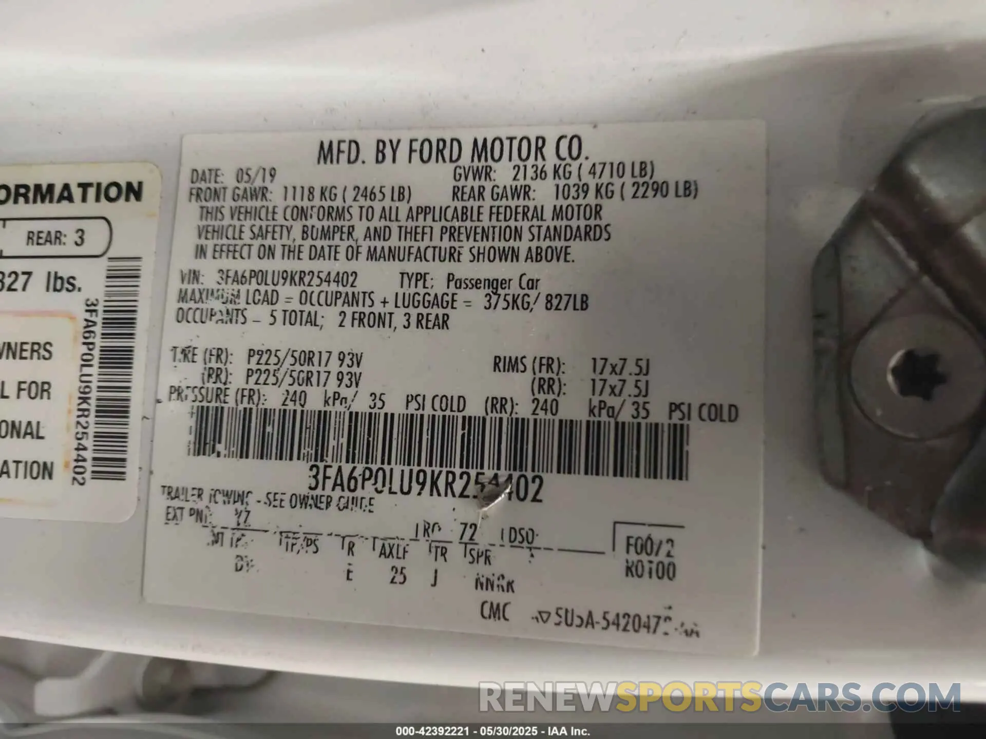 9 Photograph of a damaged car 3FA6P0LU9KR254402 FORD FUSION HYBRID 2019