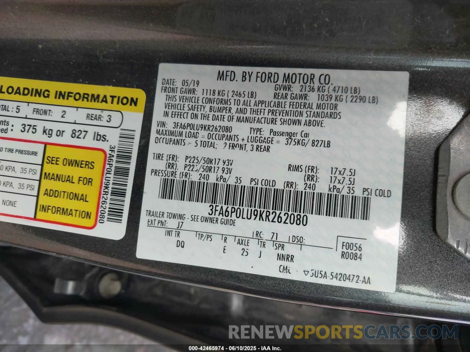 9 Photograph of a damaged car 3FA6P0LU9KR262080 FORD FUSION HYBRID 2019