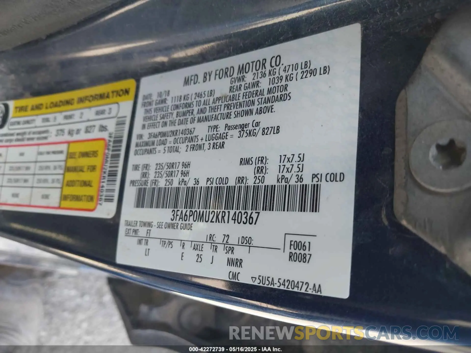 9 Photograph of a damaged car 3FA6P0MU2KR140367 FORD FUSION HYBRID 2019