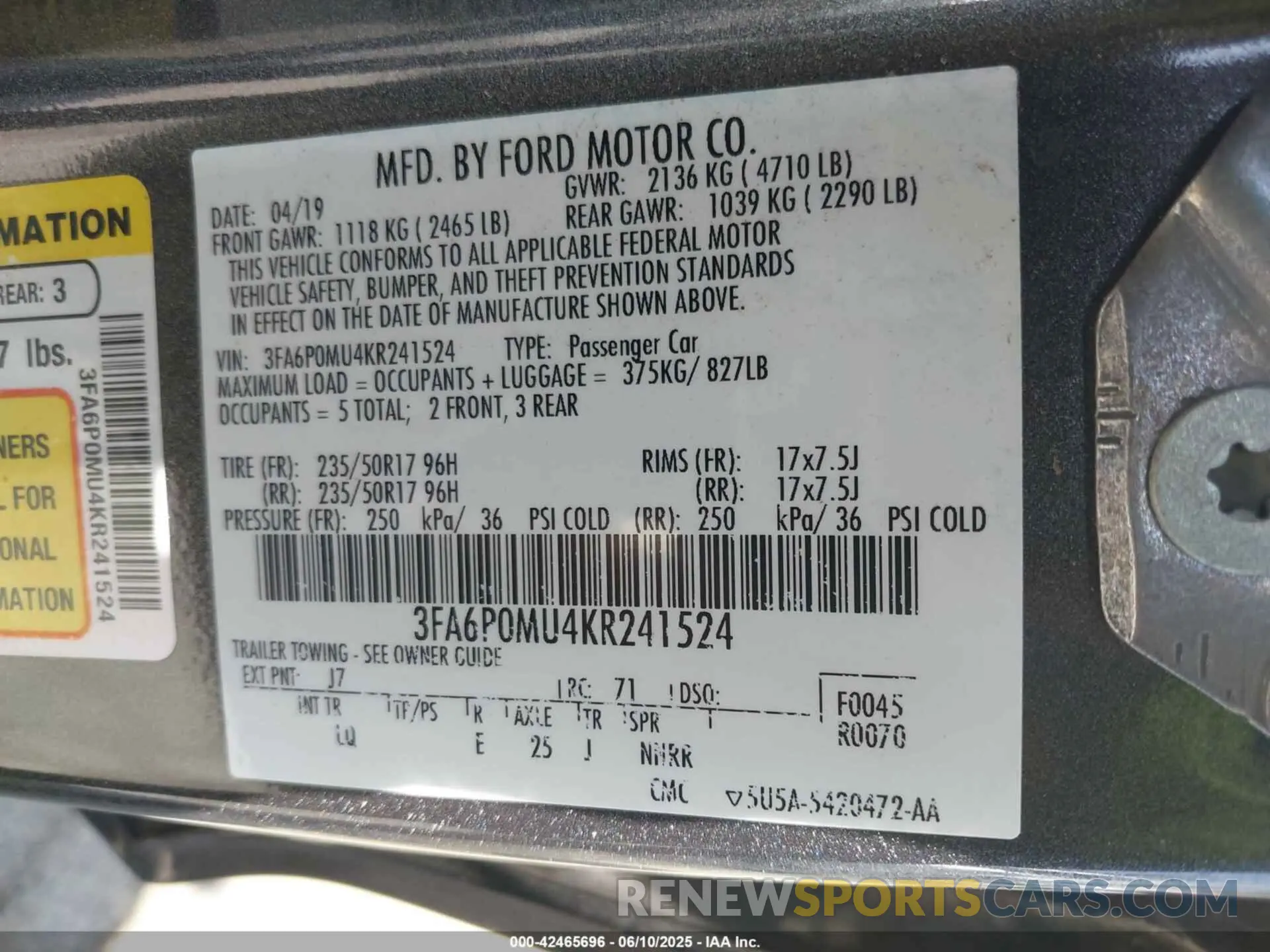 9 Photograph of a damaged car 3FA6P0MU4KR241524 FORD FUSION HYBRID 2019