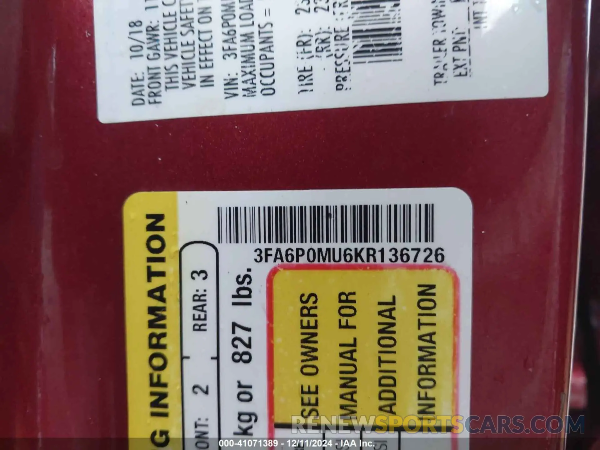 9 Photograph of a damaged car 3FA6P0MU6KR136726 FORD FUSION HYBRID 2019