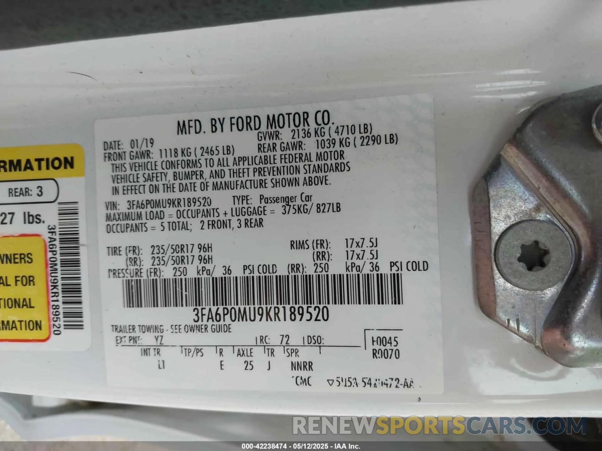 9 Photograph of a damaged car 3FA6P0MU9KR189520 FORD FUSION HYBRID 2019