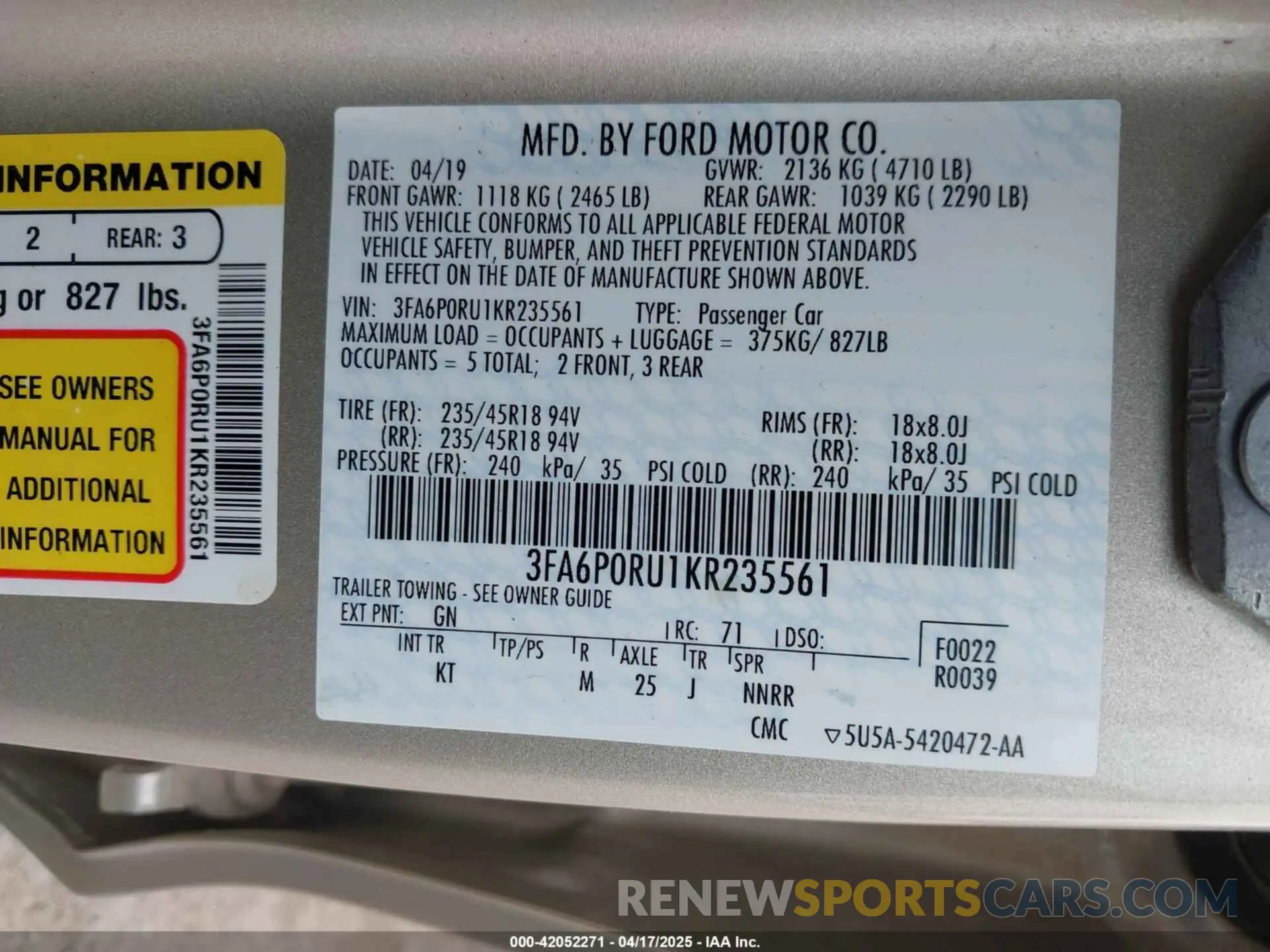 9 Photograph of a damaged car 3FA6P0RU1KR235561 FORD FUSION HYBRID 2019
