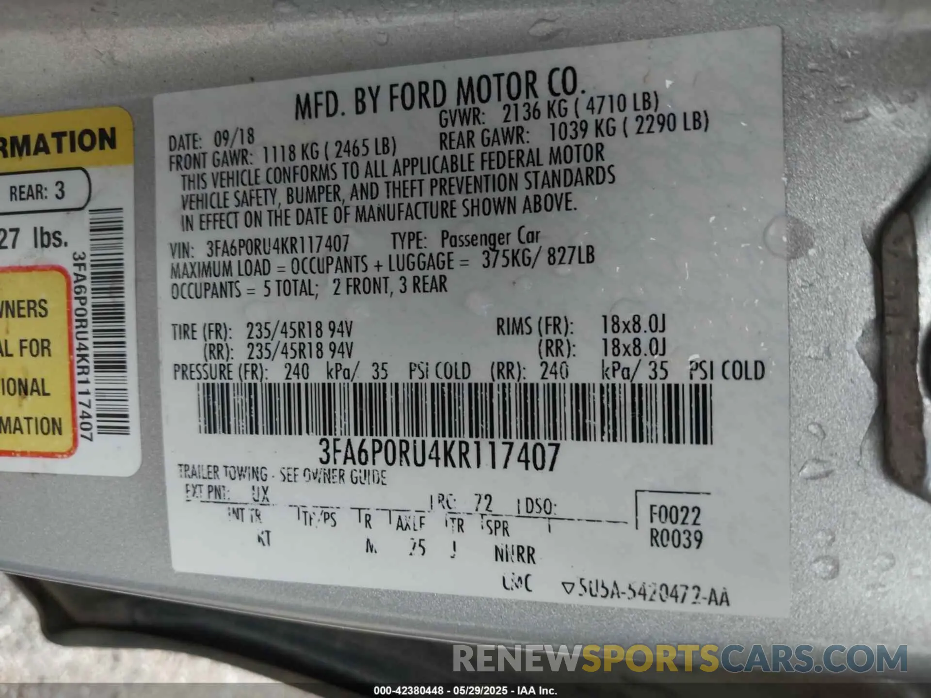 9 Photograph of a damaged car 3FA6P0RU4KR117407 FORD FUSION HYBRID 2019