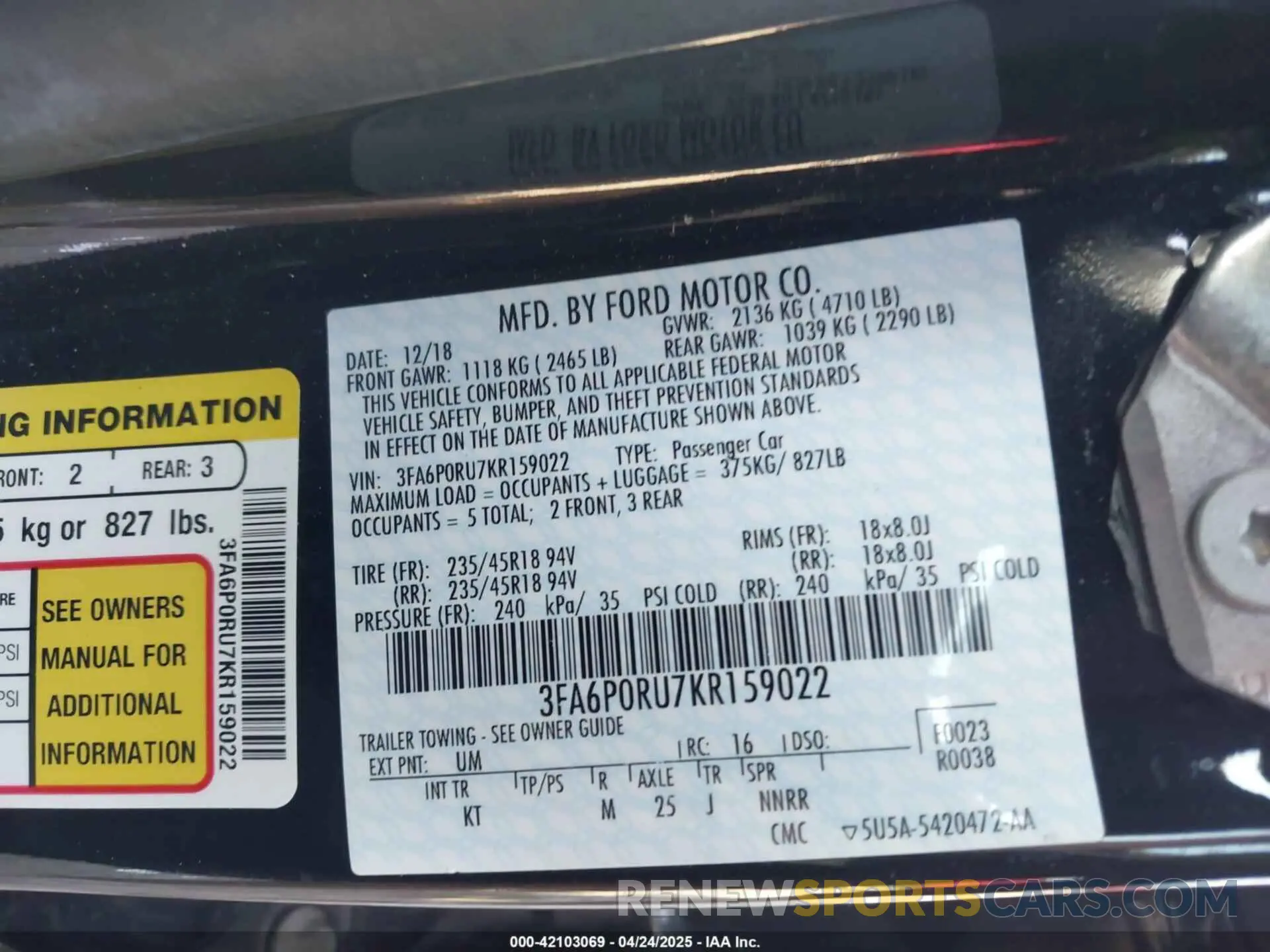 9 Photograph of a damaged car 3FA6P0RU7KR159022 FORD FUSION HYBRID 2019