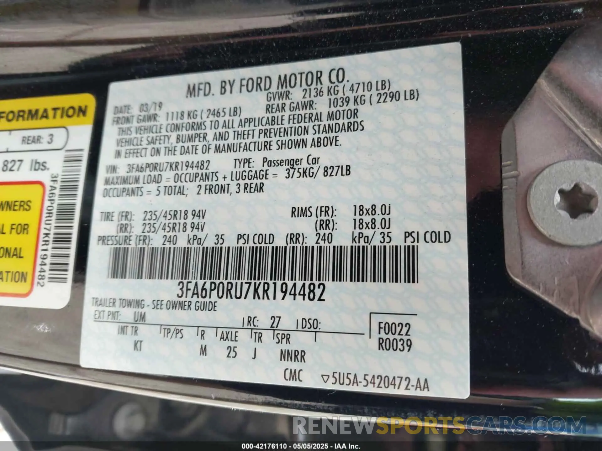 9 Photograph of a damaged car 3FA6P0RU7KR194482 FORD FUSION HYBRID 2019