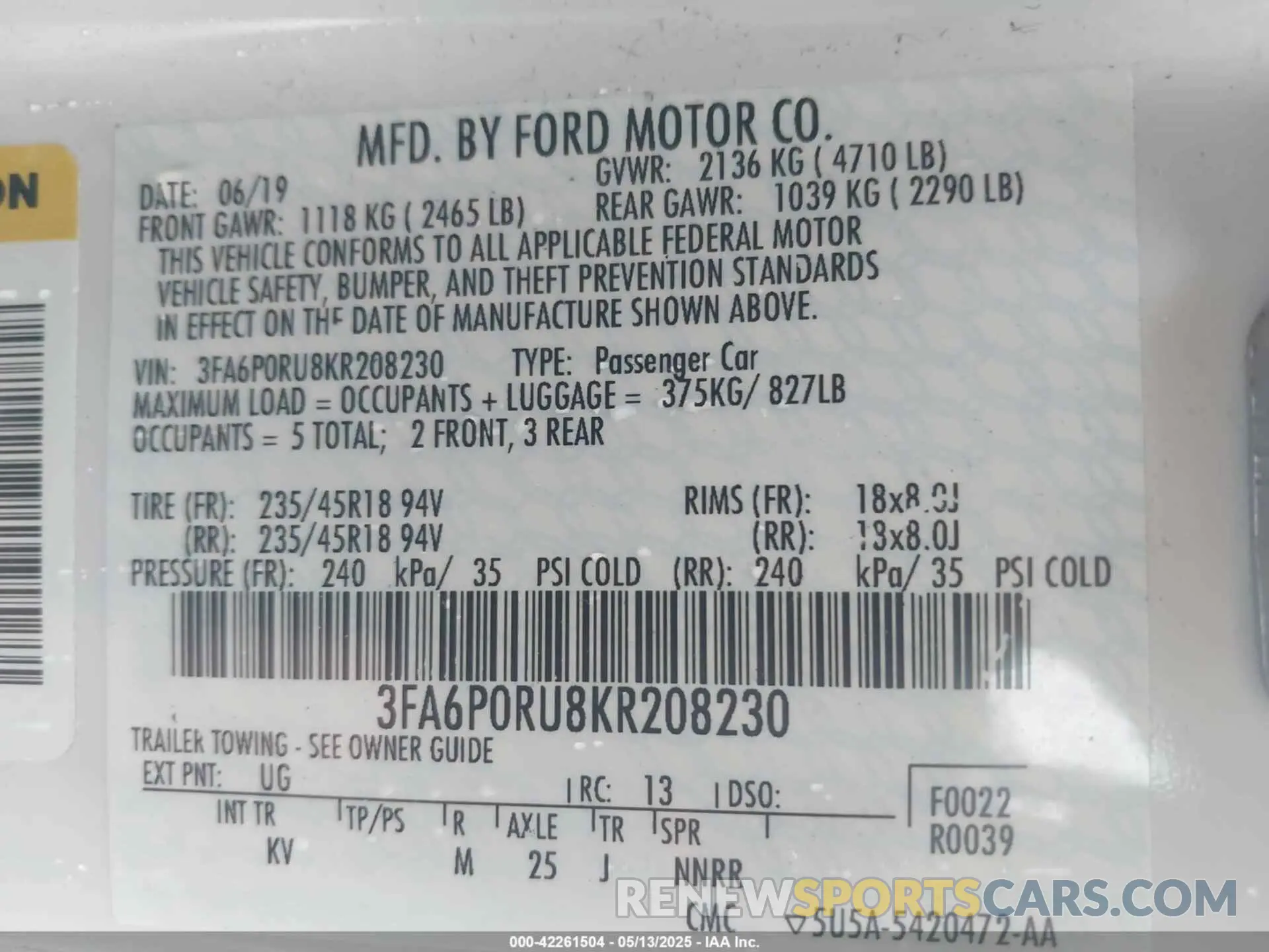 9 Photograph of a damaged car 3FA6P0RU8KR208230 FORD FUSION HYBRID 2019