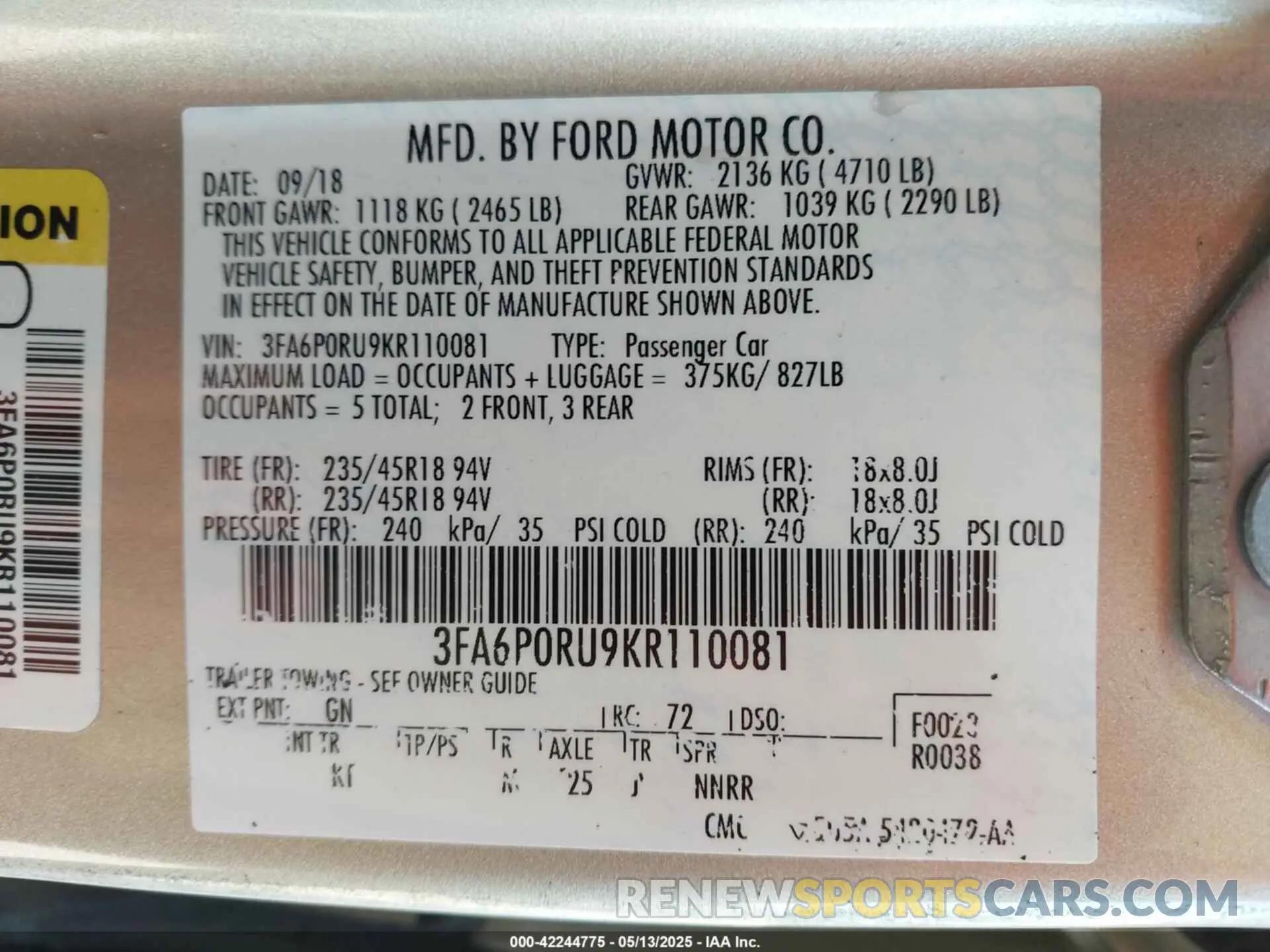 9 Photograph of a damaged car 3FA6P0RU9KR110081 FORD FUSION HYBRID 2019