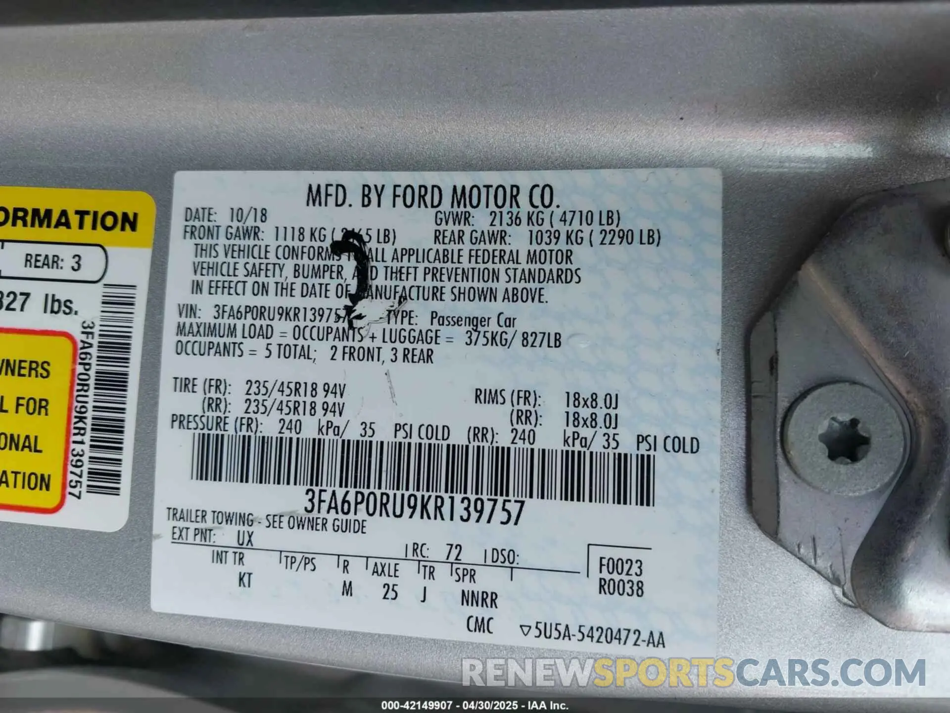 9 Photograph of a damaged car 3FA6P0RU9KR139757 FORD FUSION HYBRID 2019