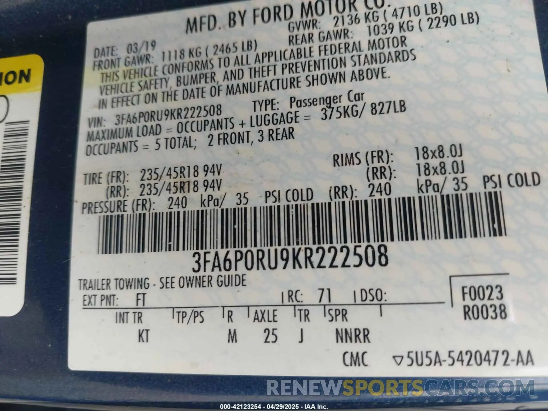 9 Photograph of a damaged car 3FA6P0RU9KR222508 FORD FUSION HYBRID 2019