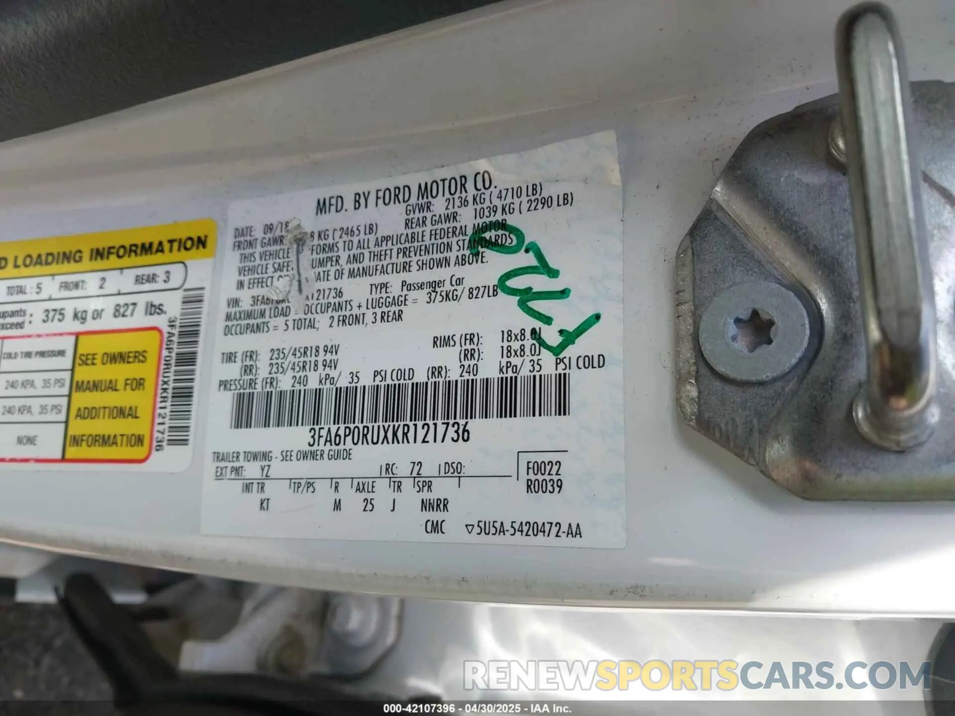 9 Photograph of a damaged car 3FA6P0RUXKR121736 FORD FUSION HYBRID 2019