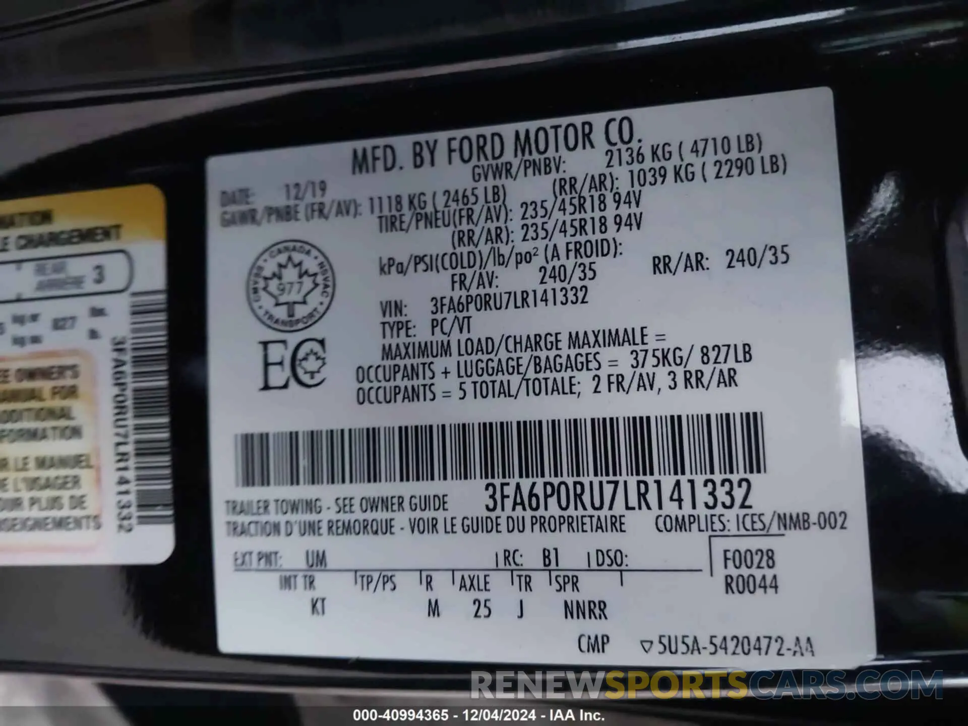 9 Photograph of a damaged car 3FA6P0RU7LR141332 FORD FUSION HYBRID 2020