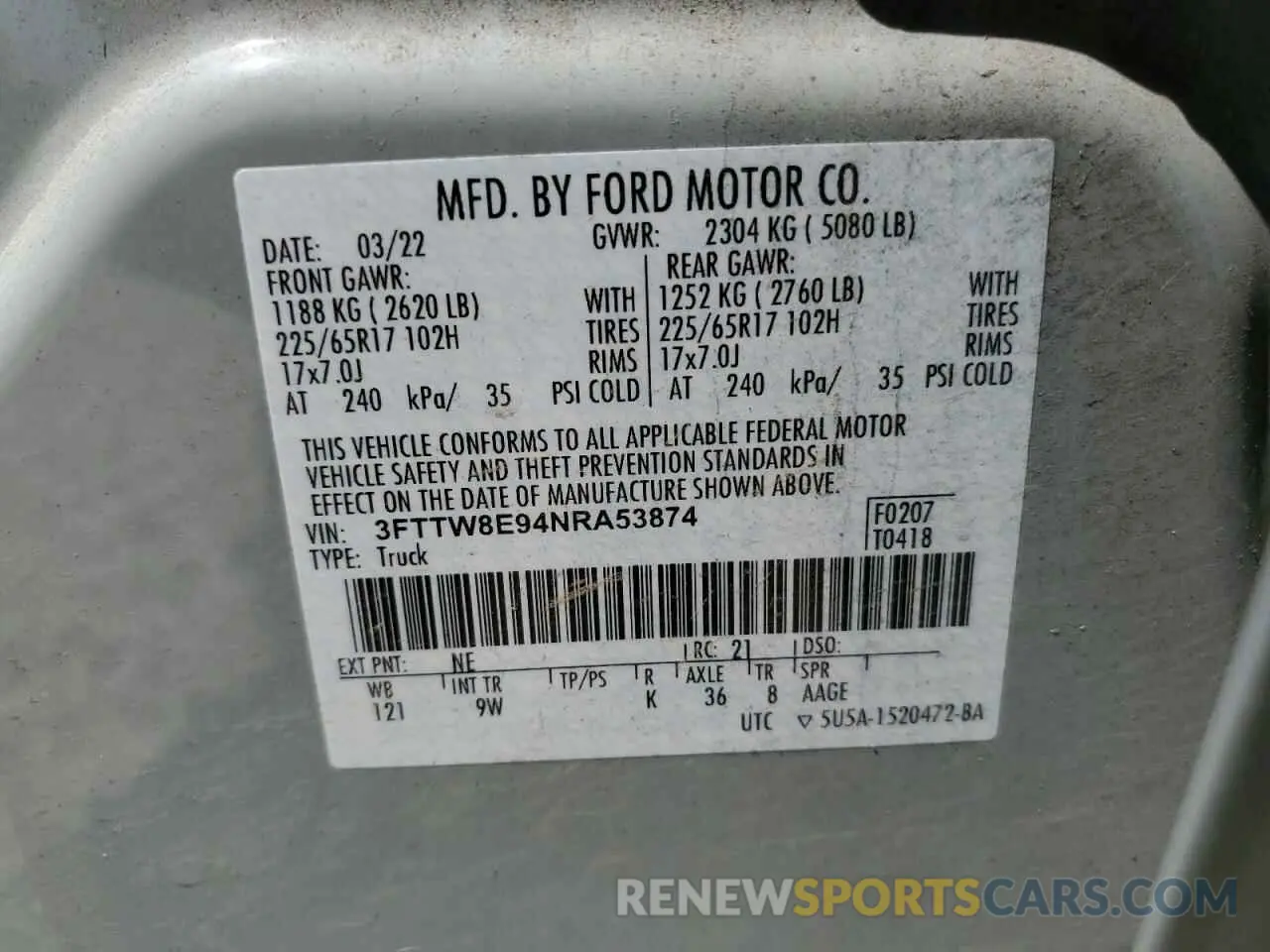 14 Photograph of a damaged car 3FTTW8E94NRA53874 FORD MAVERICK 2022