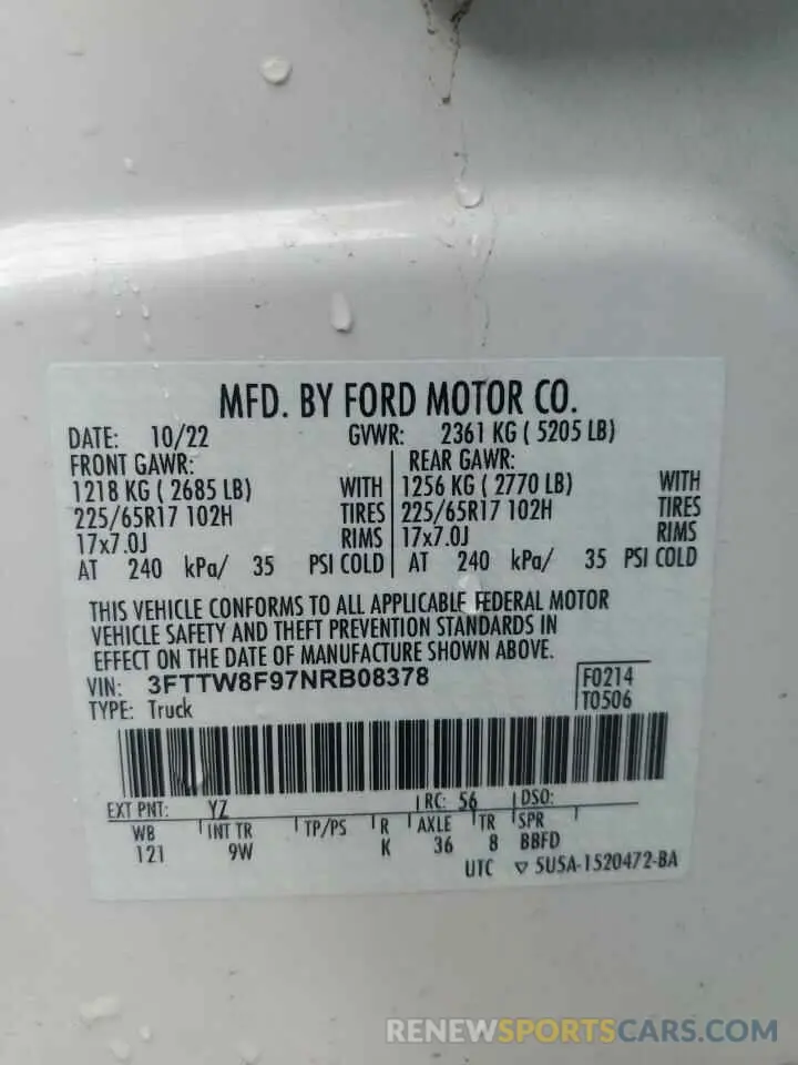 12 Photograph of a damaged car 3FTTW8F97NRB08378 FORD MAVERICK 2022