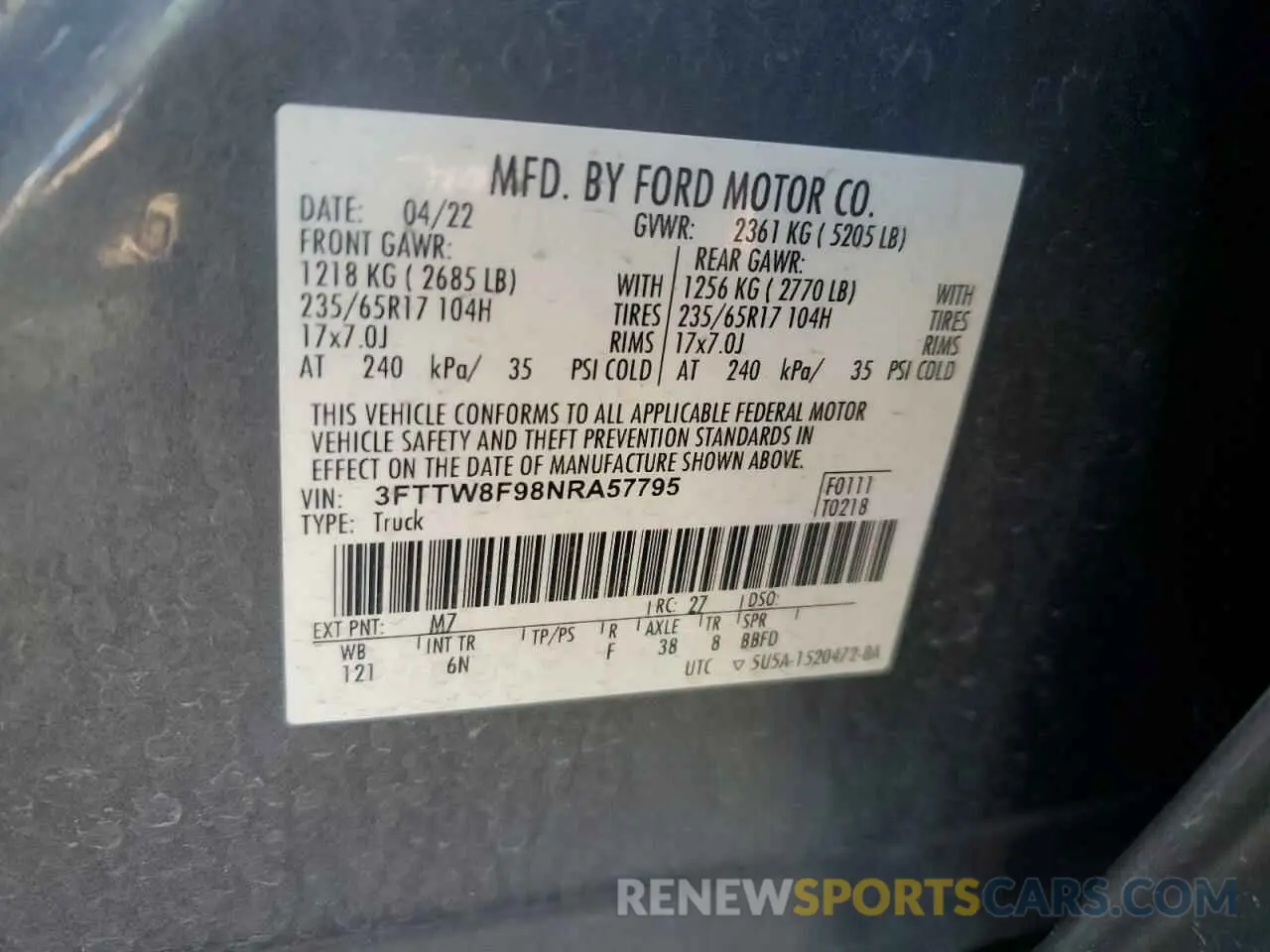 12 Photograph of a damaged car 3FTTW8F98NRA57795 FORD MAVERICK 2022