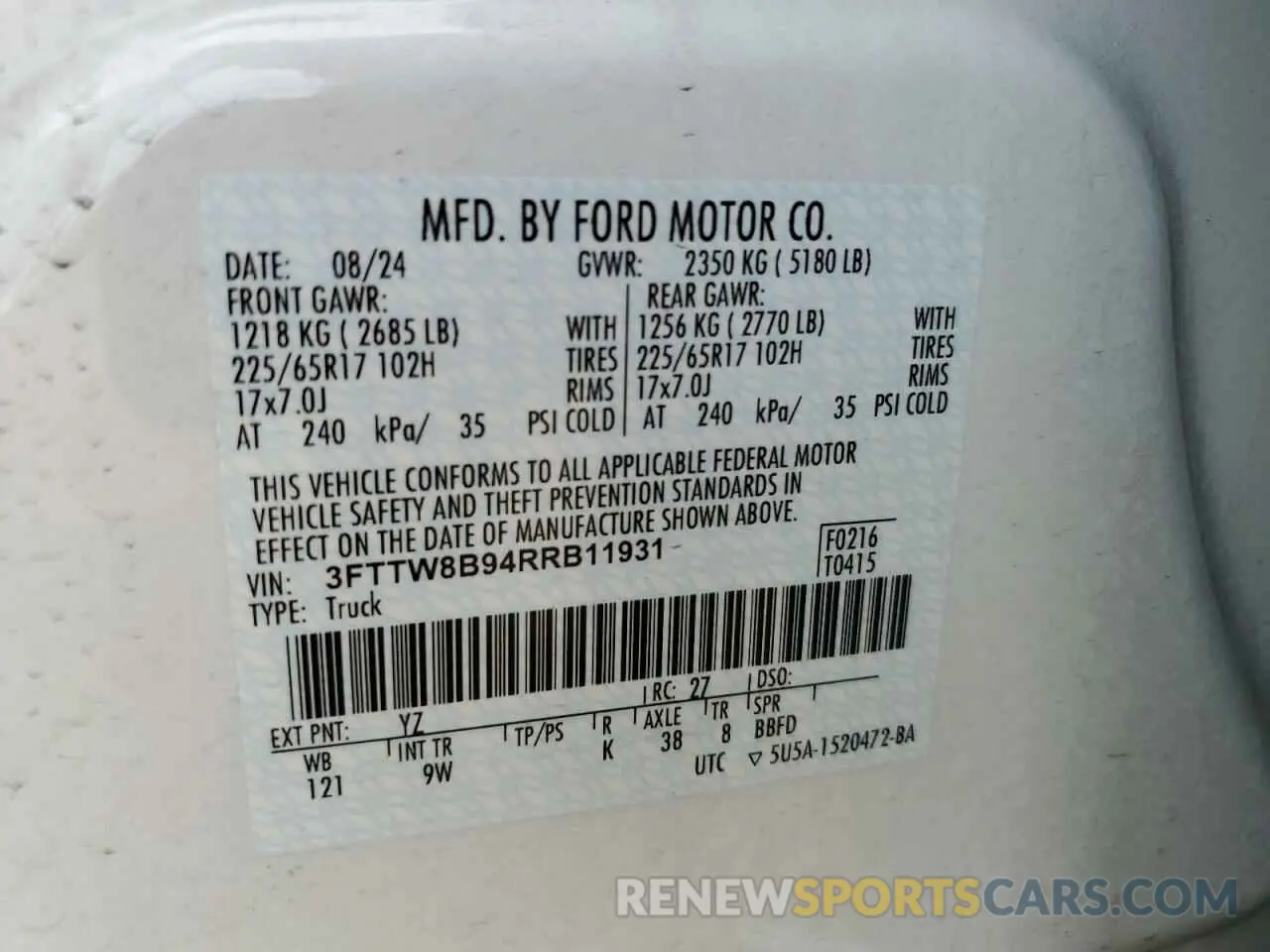 12 Photograph of a damaged car 3FTTW8B94RRB11931 FORD MAVERICK 2024