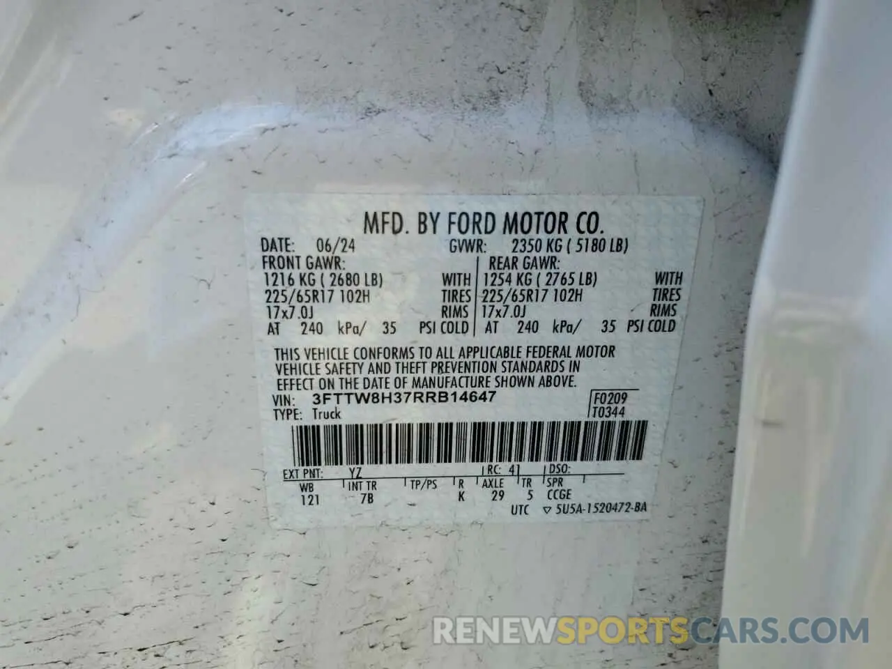 14 Photograph of a damaged car 3FTTW8H37RRB14647 FORD MAVERICK 2024
