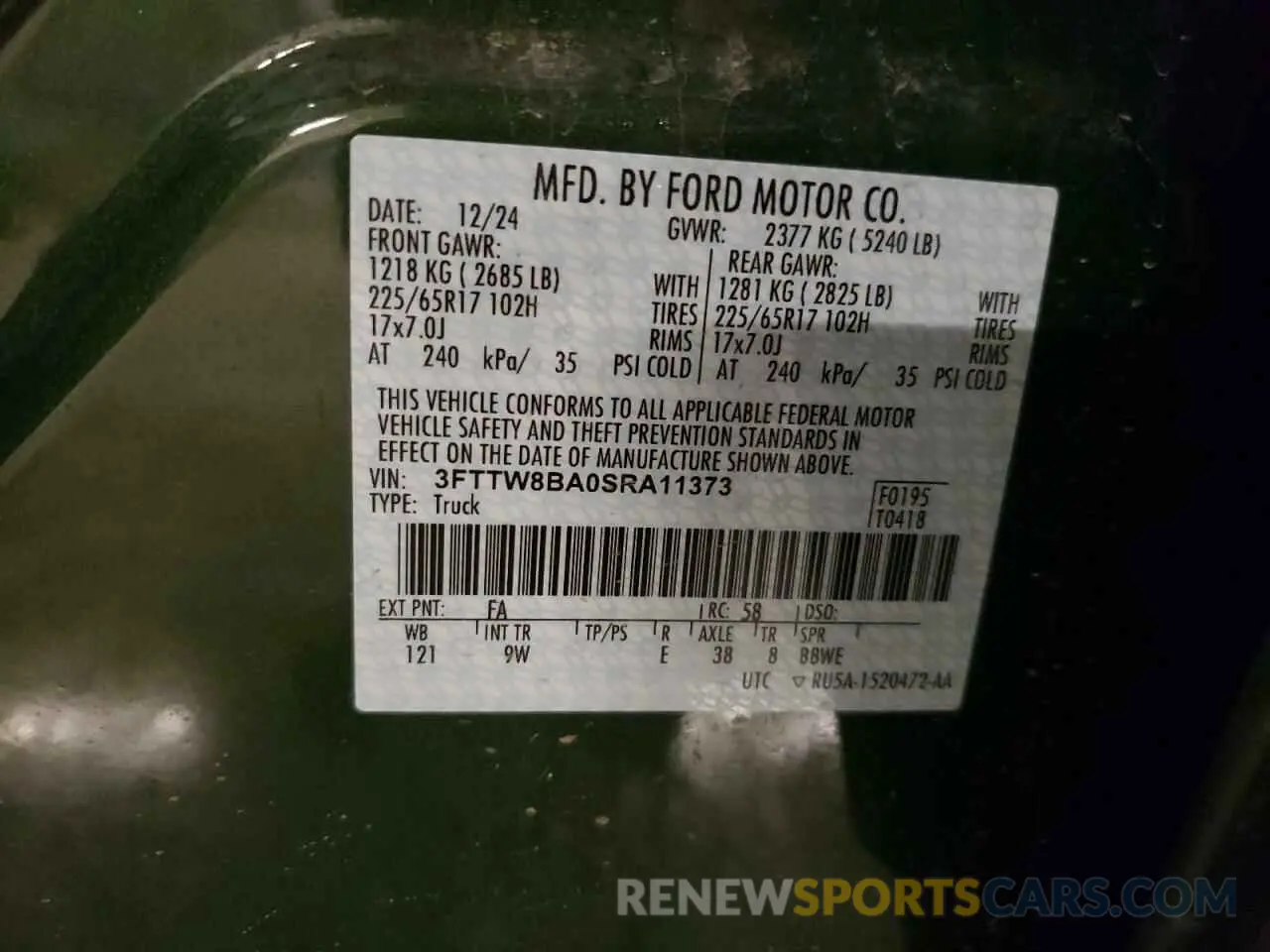 12 Photograph of a damaged car 3FTTW8BA0SRA11373 FORD MAVERICK 2025