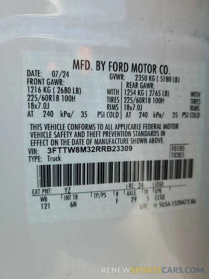 12 Photograph of a damaged car 3FTTW8M32RRB23309 FORD MAVERICK L 2024