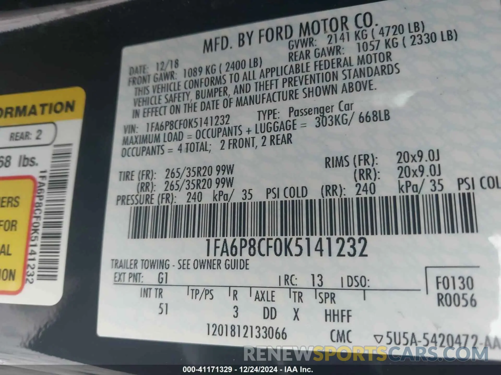 9 Photograph of a damaged car 1FA6P8CF0K5141232 FORD MUSTANG 2019
