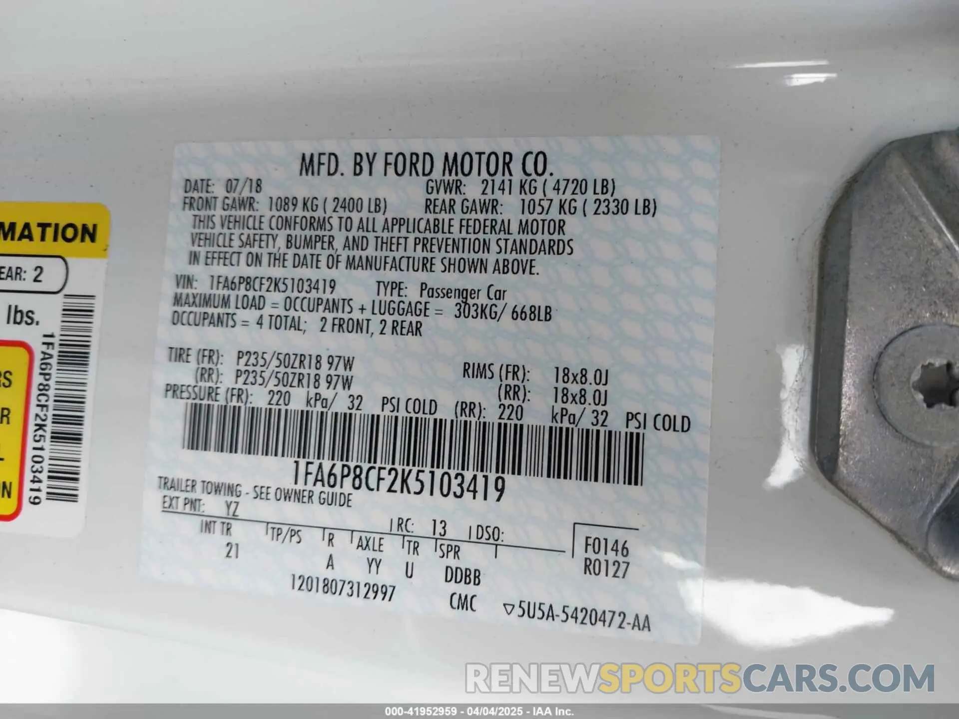 9 Photograph of a damaged car 1FA6P8CF2K5103419 FORD MUSTANG 2019