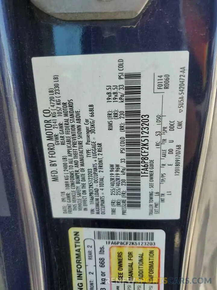 12 Photograph of a damaged car 1FA6P8CF2K5123203 FORD MUSTANG 2019