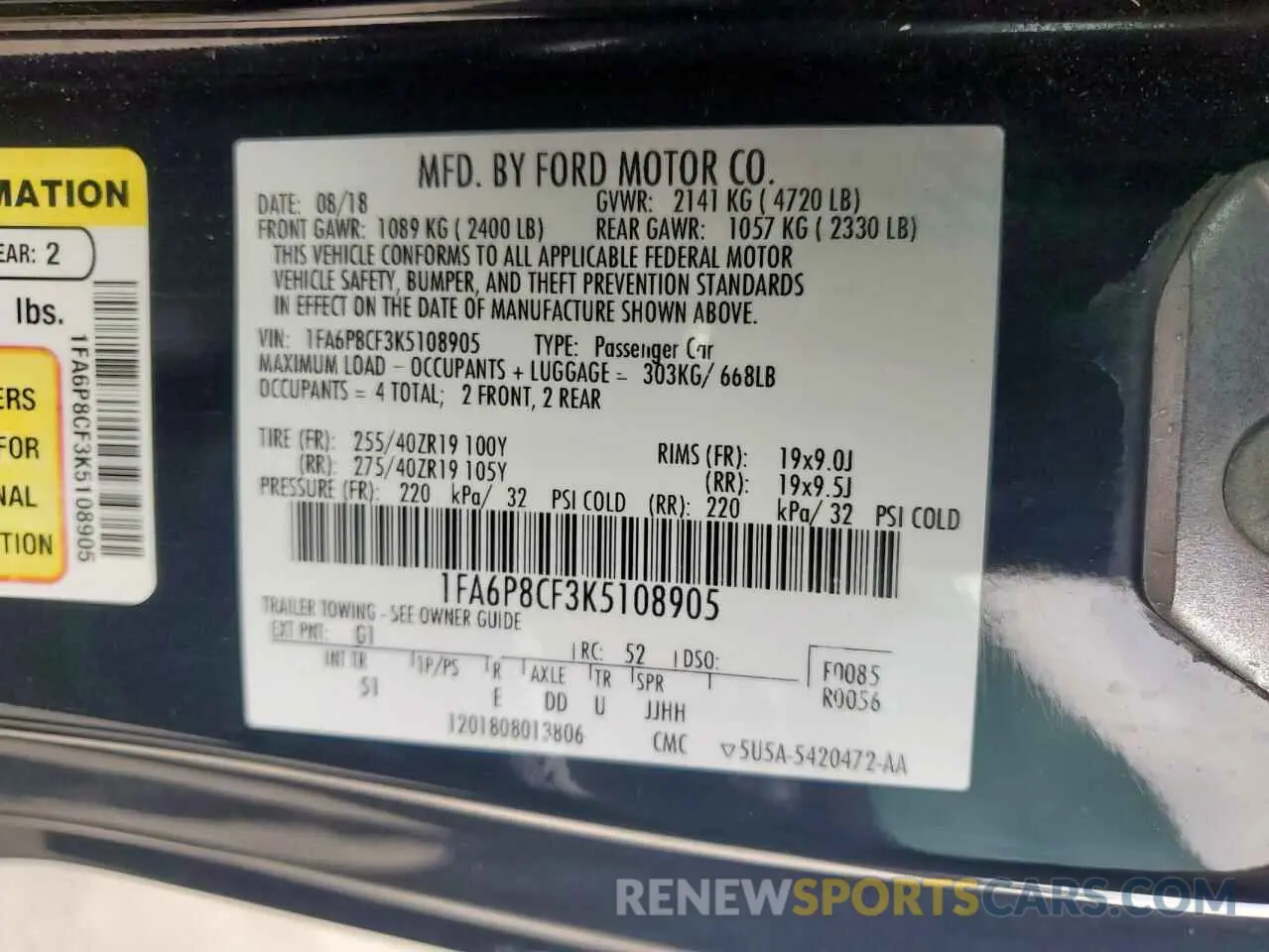12 Photograph of a damaged car 1FA6P8CF3K5108905 FORD MUSTANG 2019