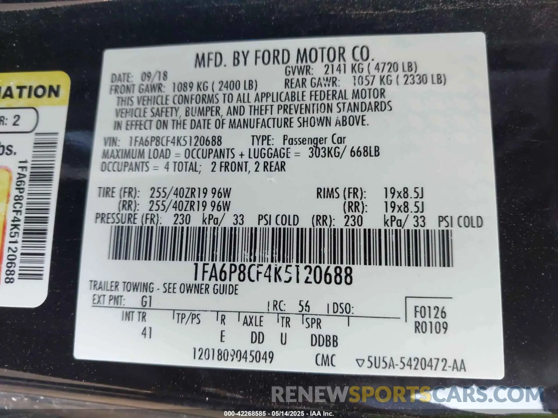 9 Photograph of a damaged car 1FA6P8CF4K5120688 FORD MUSTANG 2019
