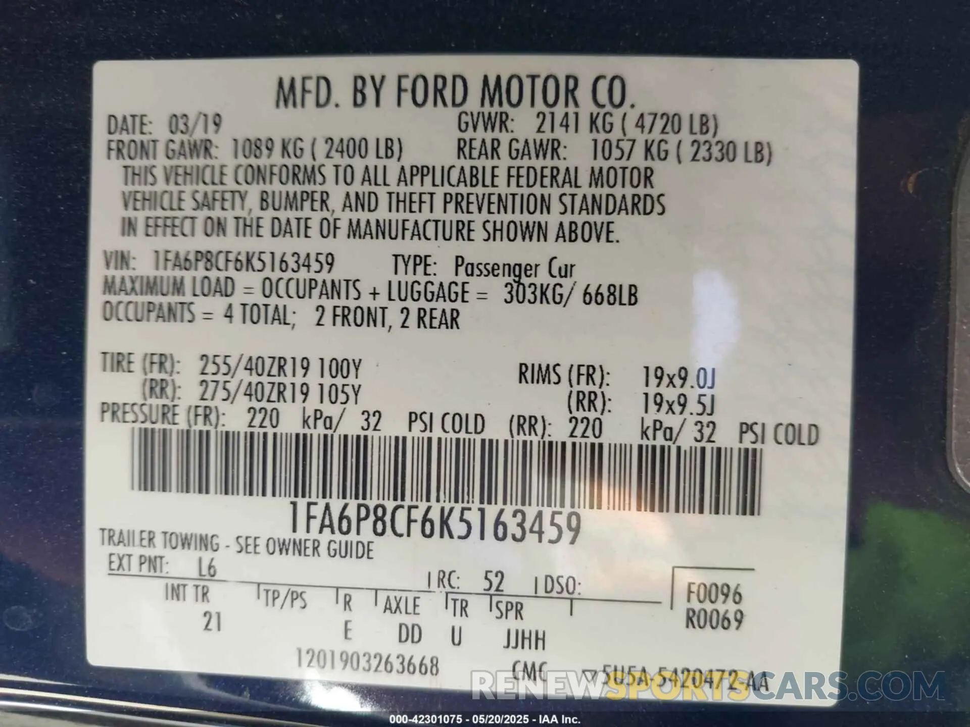 9 Photograph of a damaged car 1FA6P8CF6K5163459 FORD MUSTANG 2019