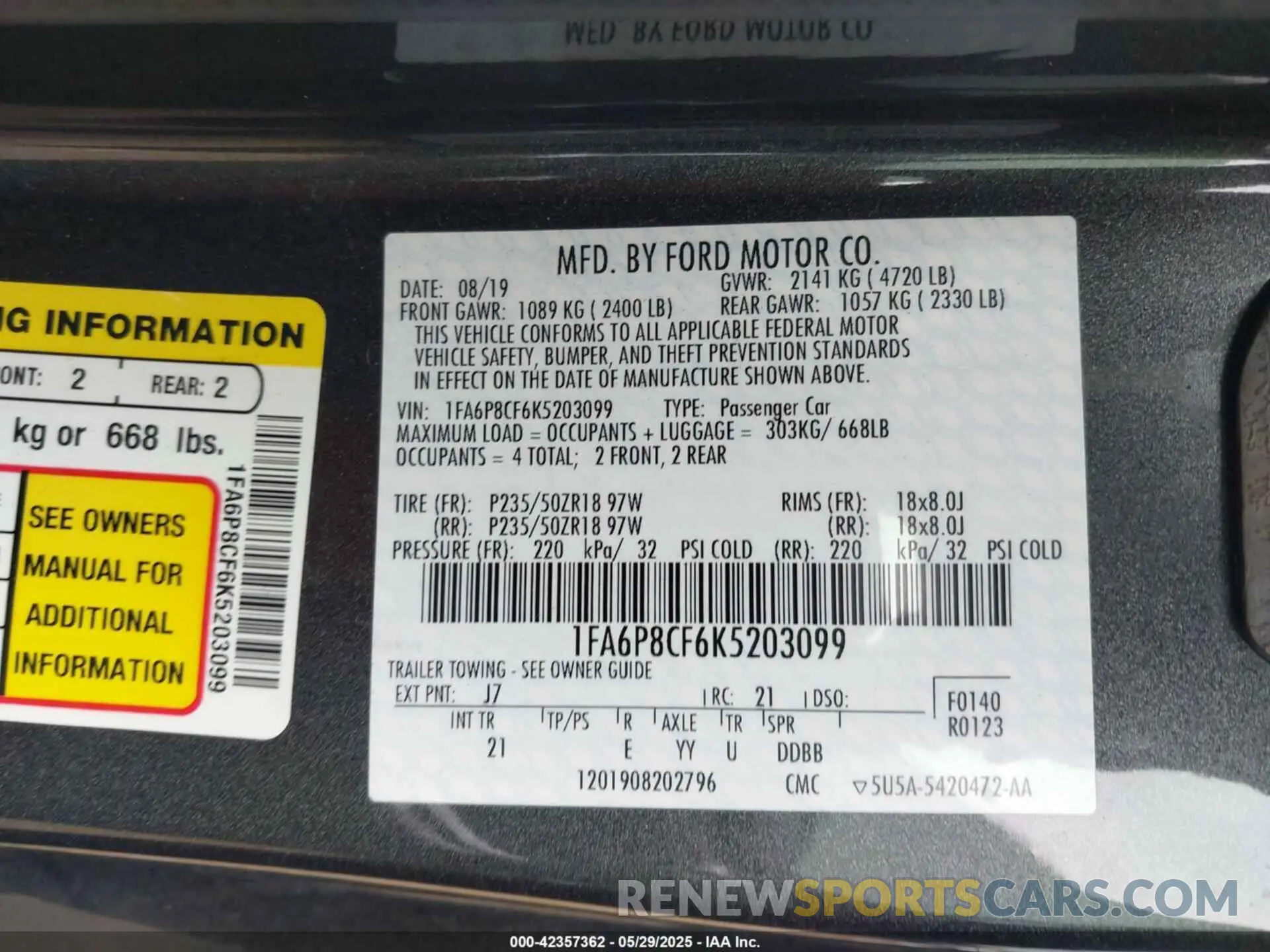 9 Photograph of a damaged car 1FA6P8CF6K5203099 FORD MUSTANG 2019